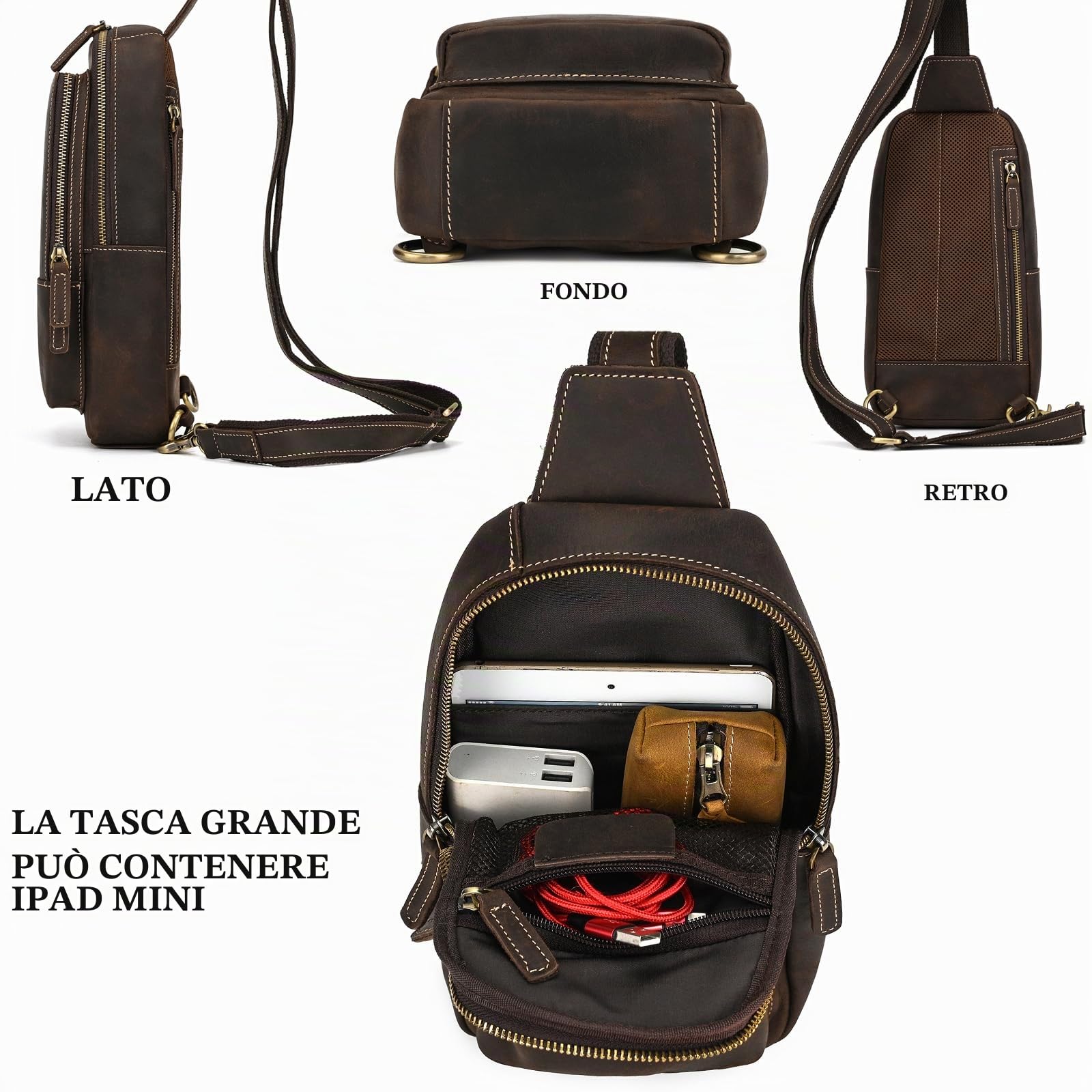 Borse Petto Borsa Crossbody Pelle Zaino Spalla Monospalla Pelle Marsupio Zainetto Piccolo Sling Bag Borsello a Tracolla per Uomo Viaggio Trekking Camminare