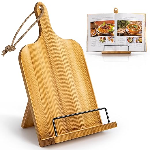 PUERSI Cook Book Stand for Kitchen Counter, Wooden Cookbook Holder, Recipe Book Holder, Adjustable Cookbook Holder Stand - Brown
