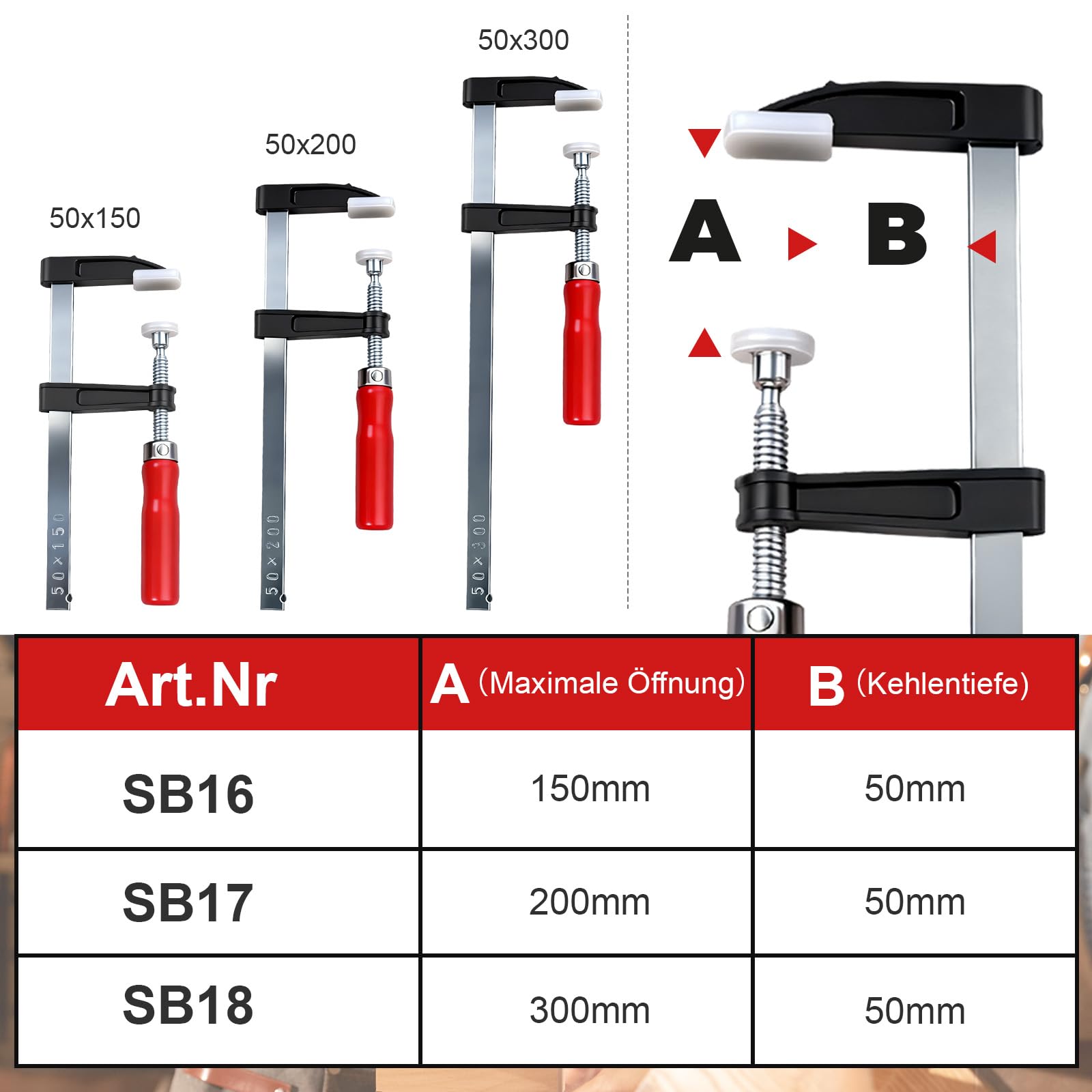 Lot de 10 serre-joints en forme de F 300 mm/200 mm/150 mm, profondeur de serrage 50 mm, en fonte, pour le travail du bois, bricolage, outils à main, 150 mm