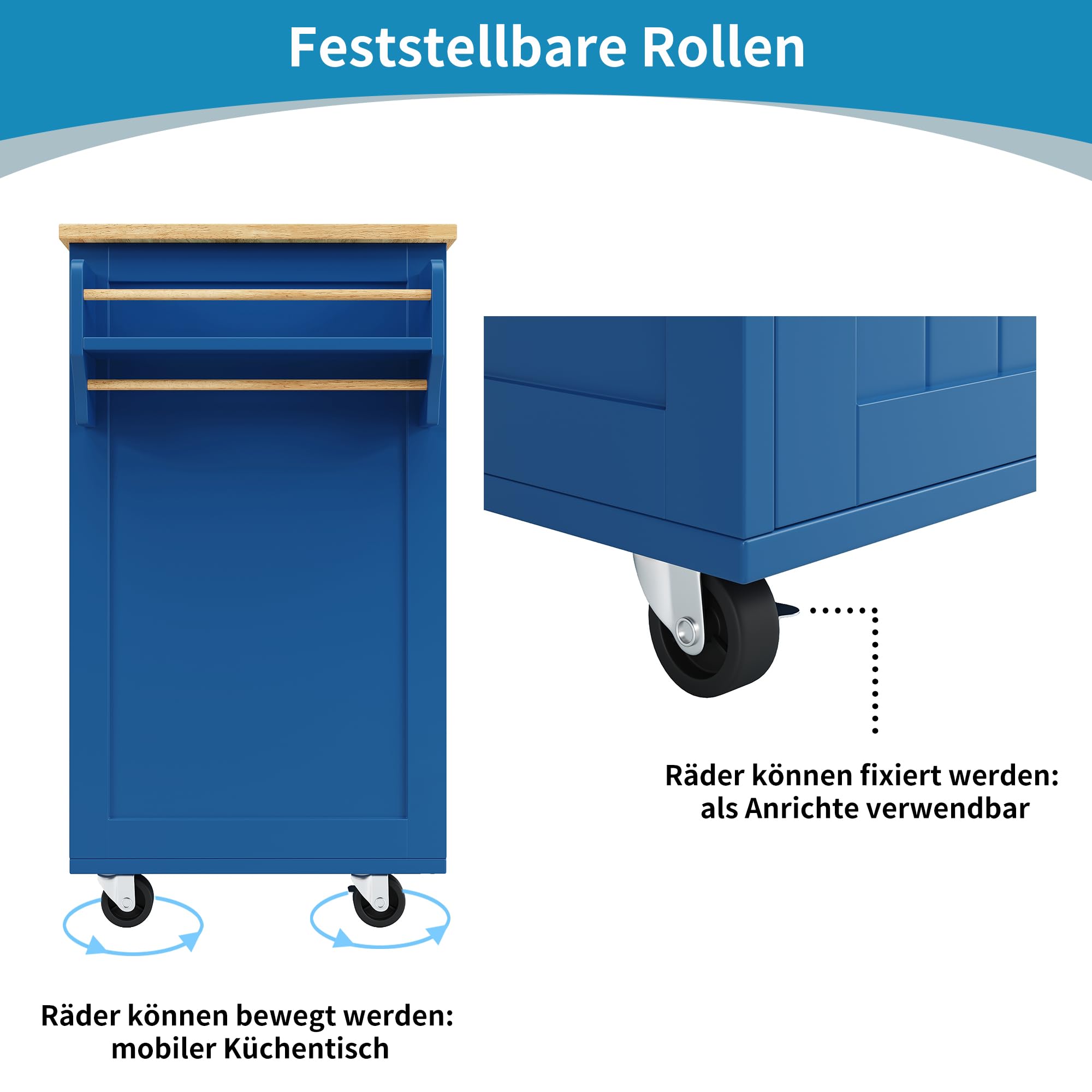 Kücheninsel(102×45×92cm), Küchenschrank, Buffetschrank, Speisewagen mit Holzmaserung, Multifunktionale Esstisch mit Speicherraum, Blau