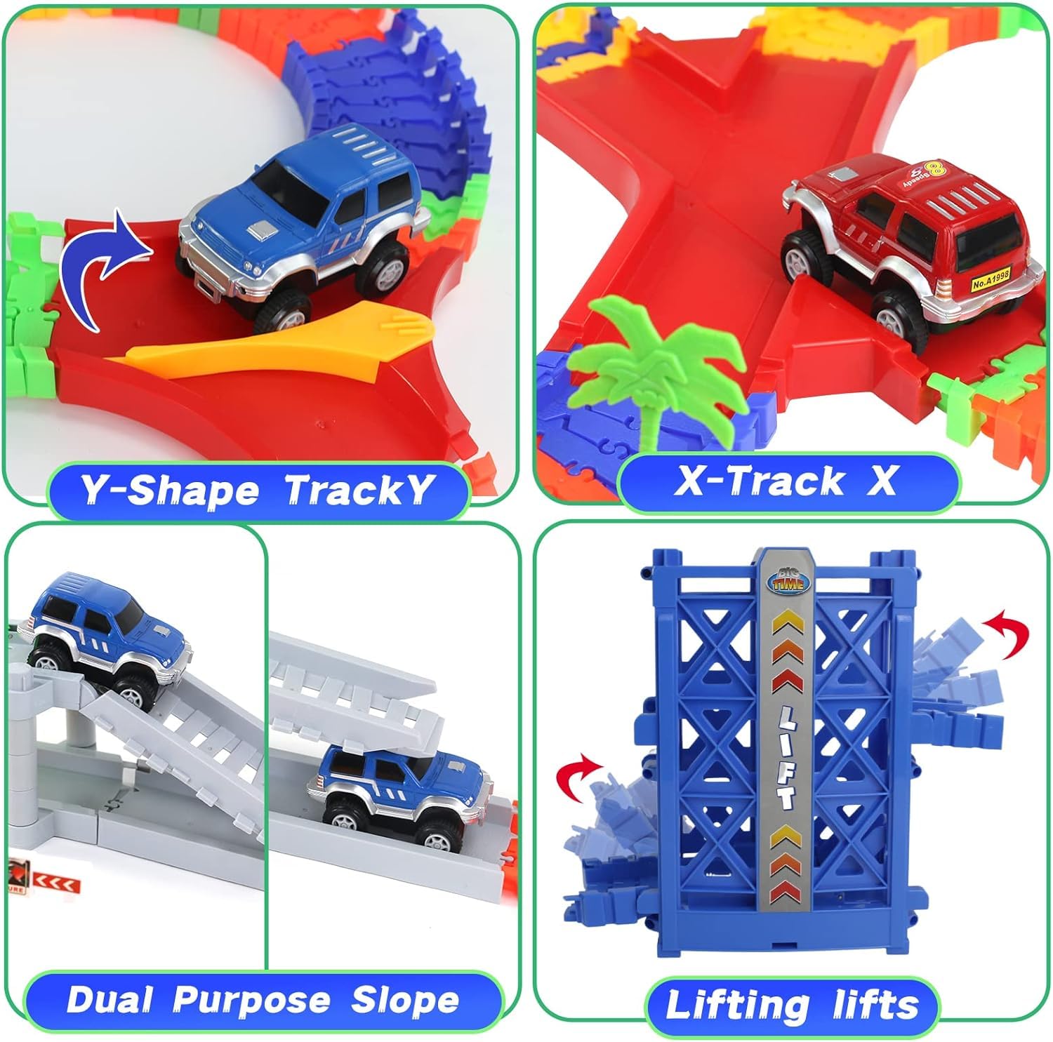 TONZE Juguetes Niños 3 Años Flexible Pista Coches 288 Piezas Juguetes Circuito Coches Pistas Flexibles con 2 Autos Juego Electricos para Infantil Regalo Niños Niñas 3 4 5 6 Años