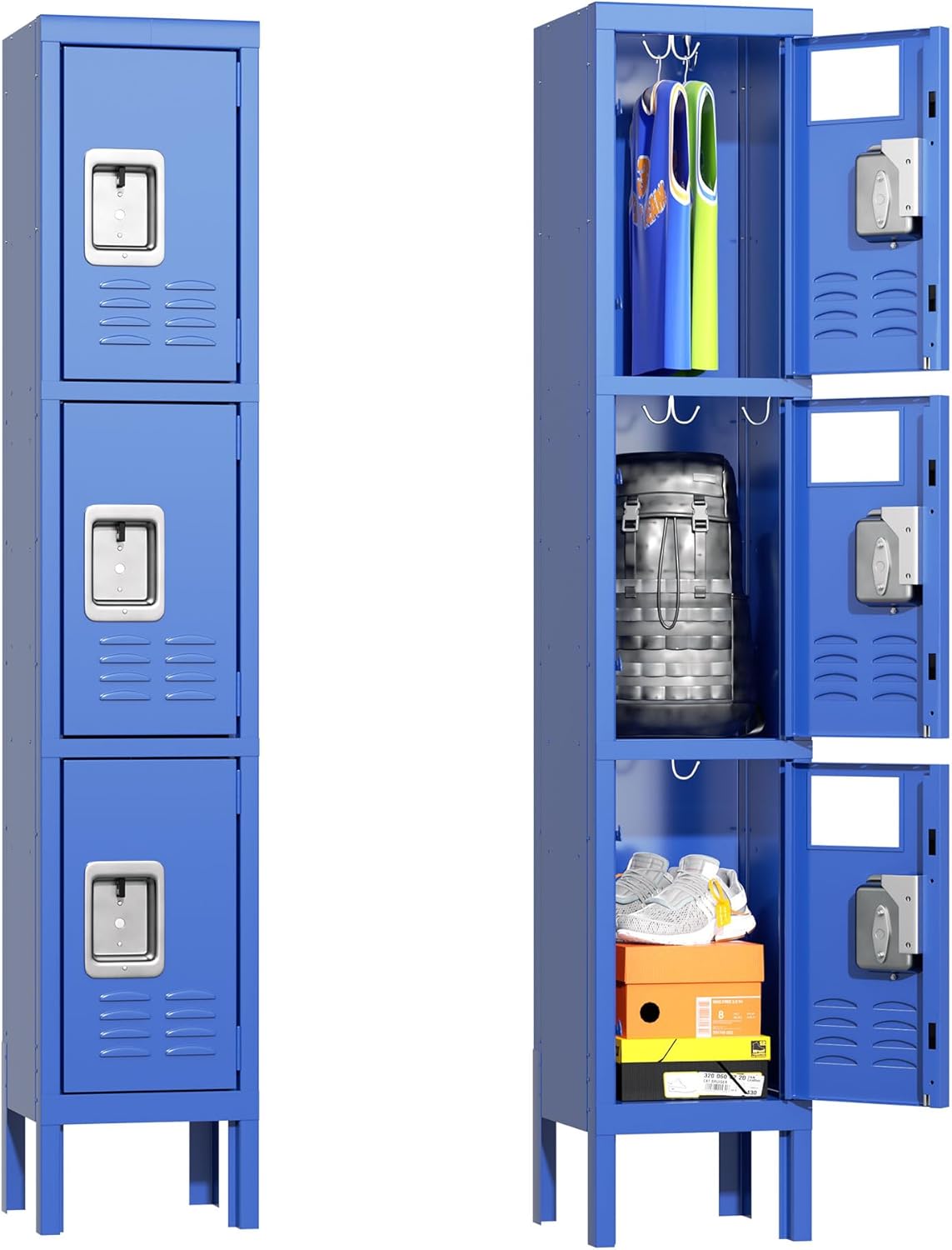 Greenvelly Metal Locker with 3 Doors, Tall Steel Storage Locker Cabinet for Employees, Gym Locker Storage Cabinets with Lock and Adjustable Shelves for School, Home, Office, Garage (Black)