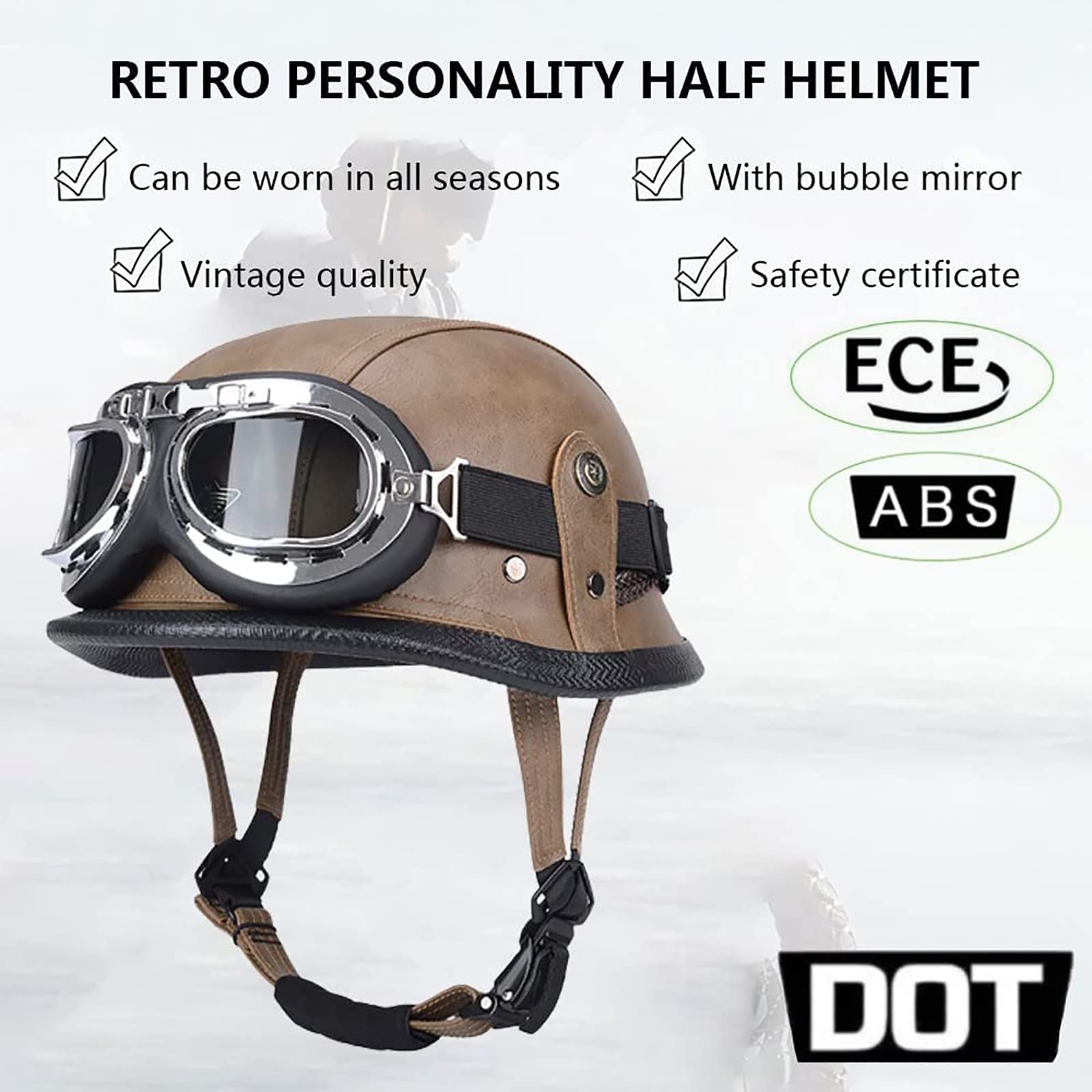 Retro German Leather Motorcycle Half Helmet DOT Approved Adult Men Women Open Face Helmet, With Mask Goggles, For Cruiser Scooter Moped Chopper Jet Helmet (A,Medium