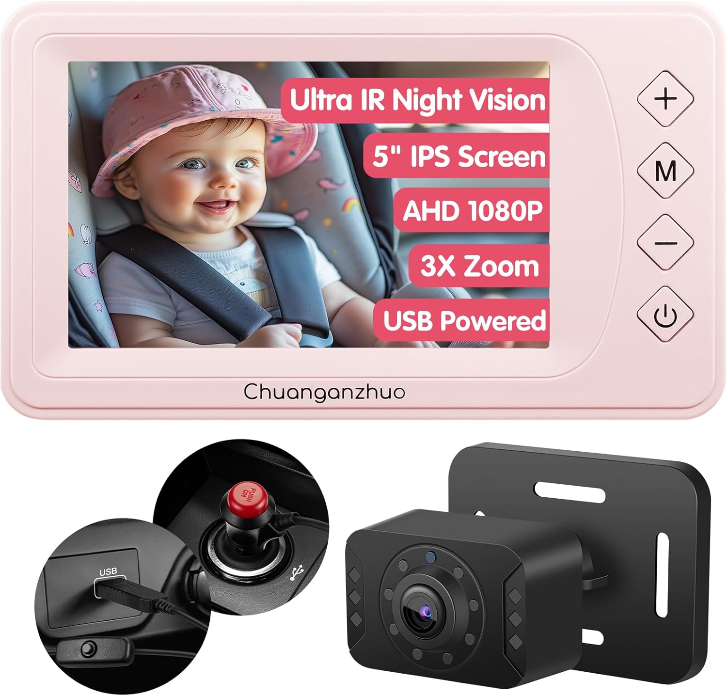 S100P Baby Car Camera with Ultra Night Vision, 5'' HD 1080P IPS Baby Car Monitor with 3X Zoom, Backseat/Carseat/Rear Seat Camera USB, Easy No-Damage Install, Safety for Infants and Pets (5 inch Pink)