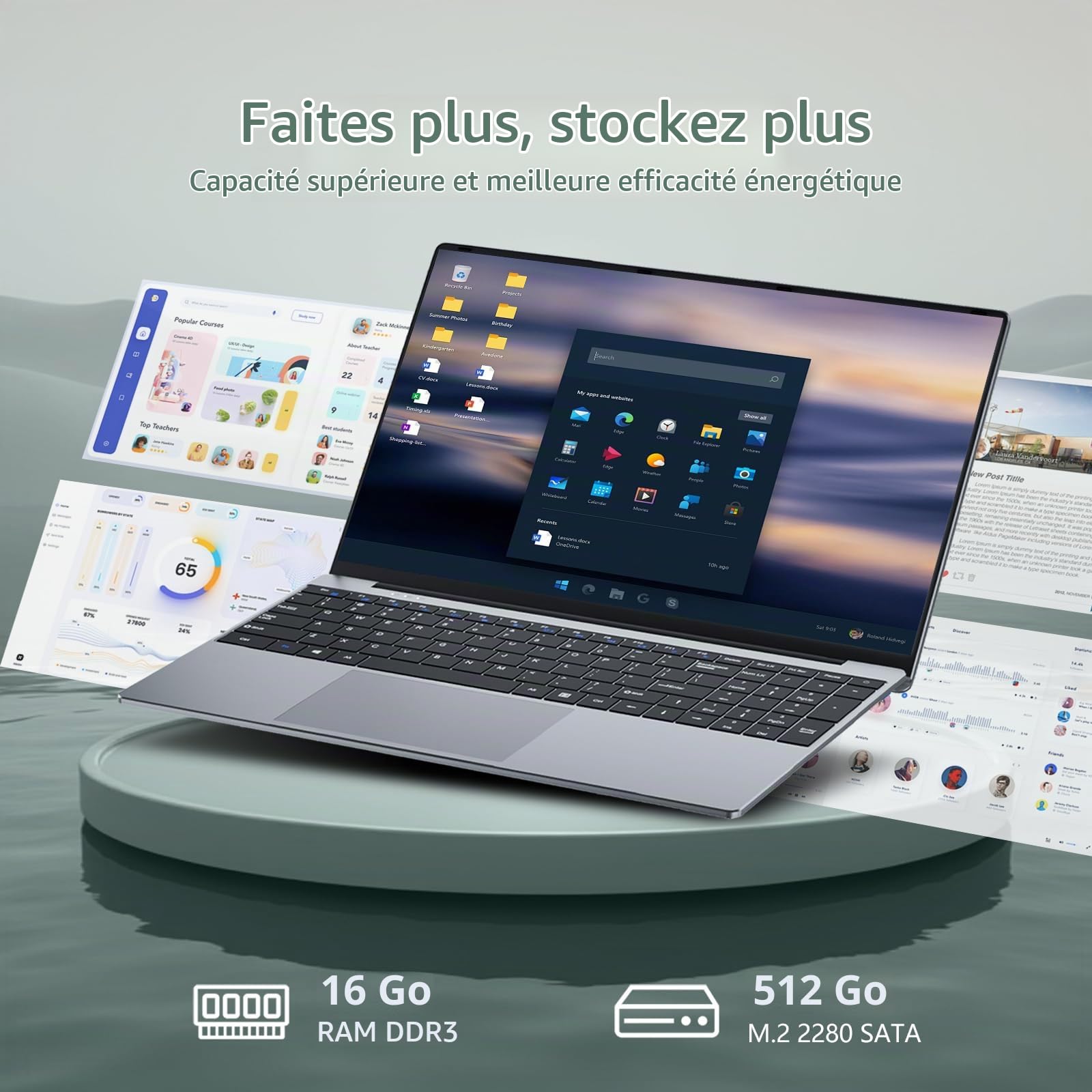 Ordinateur Portable 15.6" PC Portable Win 11 Core i5-7Y54 Processeur(Jusqu'à 3,2 GHz) Office 365, 16 Go RAM SSD 512 Go, Laptop FHD IPS Clavier Rétroéclairé, WiFi 5, Bluetooth 4.2 Mini-HDMI USB 3.0