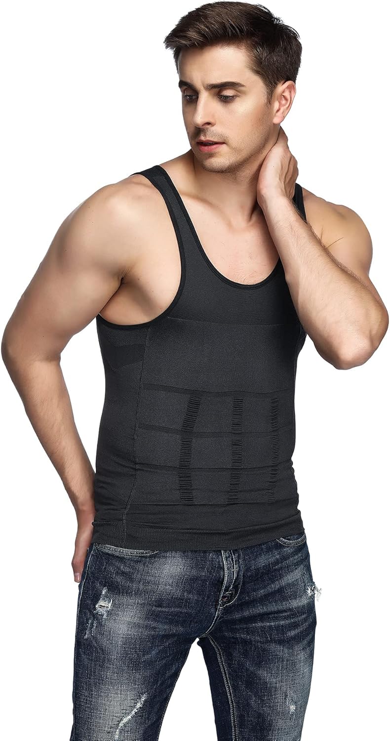 Odoland 3 Pack Men Compression Shirt Body Shapewear Base Layer Tummy Shaper Vest Tank Top