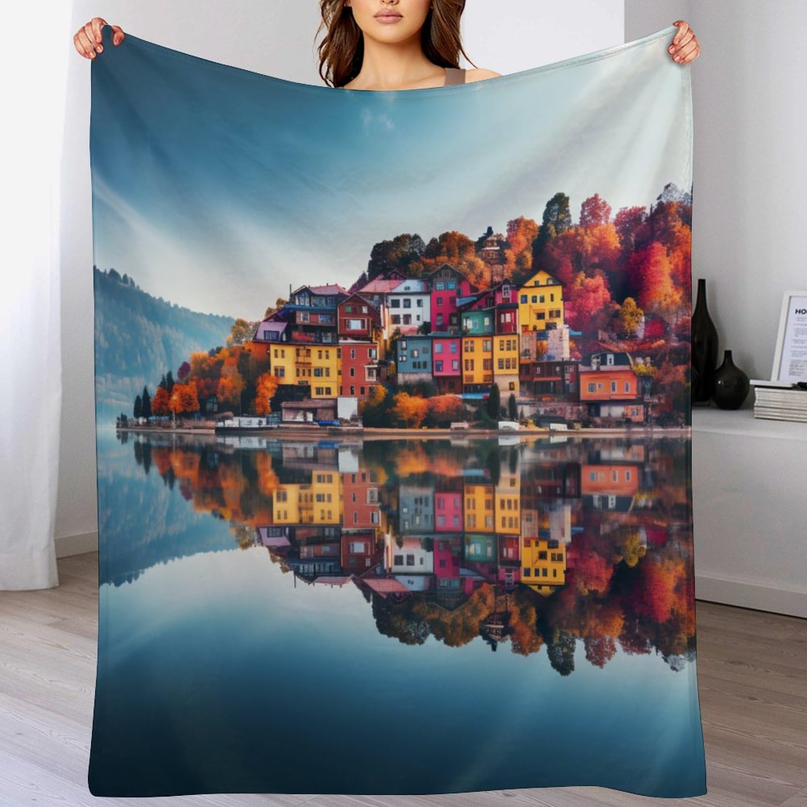 Couverture polaire en flannel paysage italien plaid de canape chaud 130x150cm