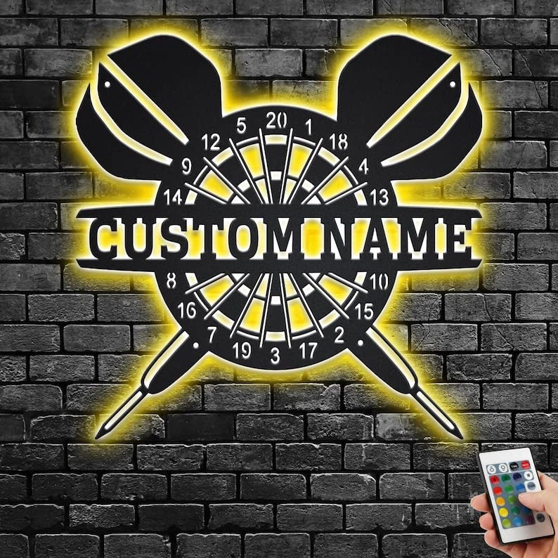 POLOMANOR Custom Darts Metal Wall Art With LED Light, Personalized Darts Name Sign