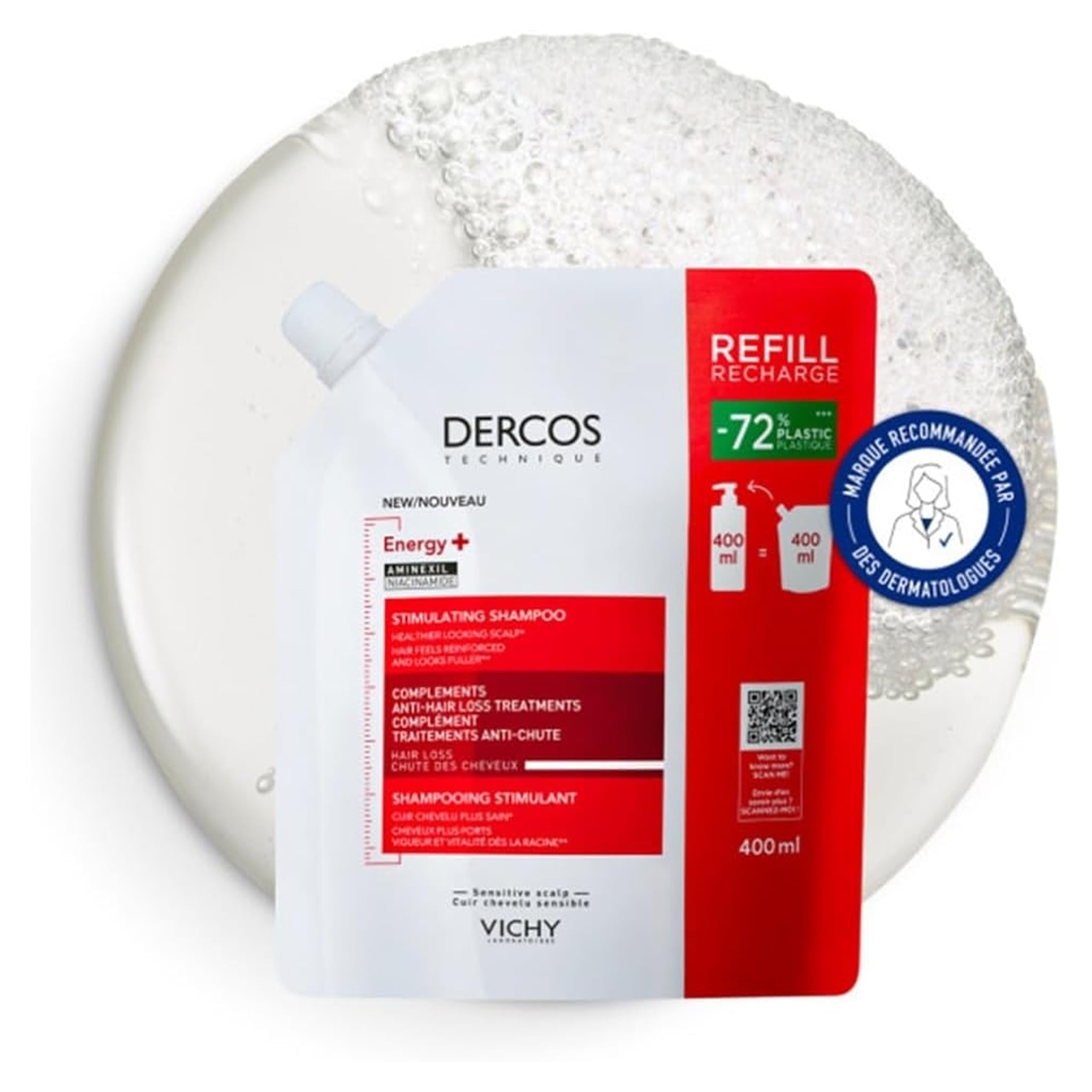 Vichy, Dercos Technique Energy+, Shampooing Stimulant Anti-Chute des Cheveux, Enrichi en Aminexil, Renforce la Fibre Capillaire, Cheveux Cassants, Éco-Recharge, 400 ml