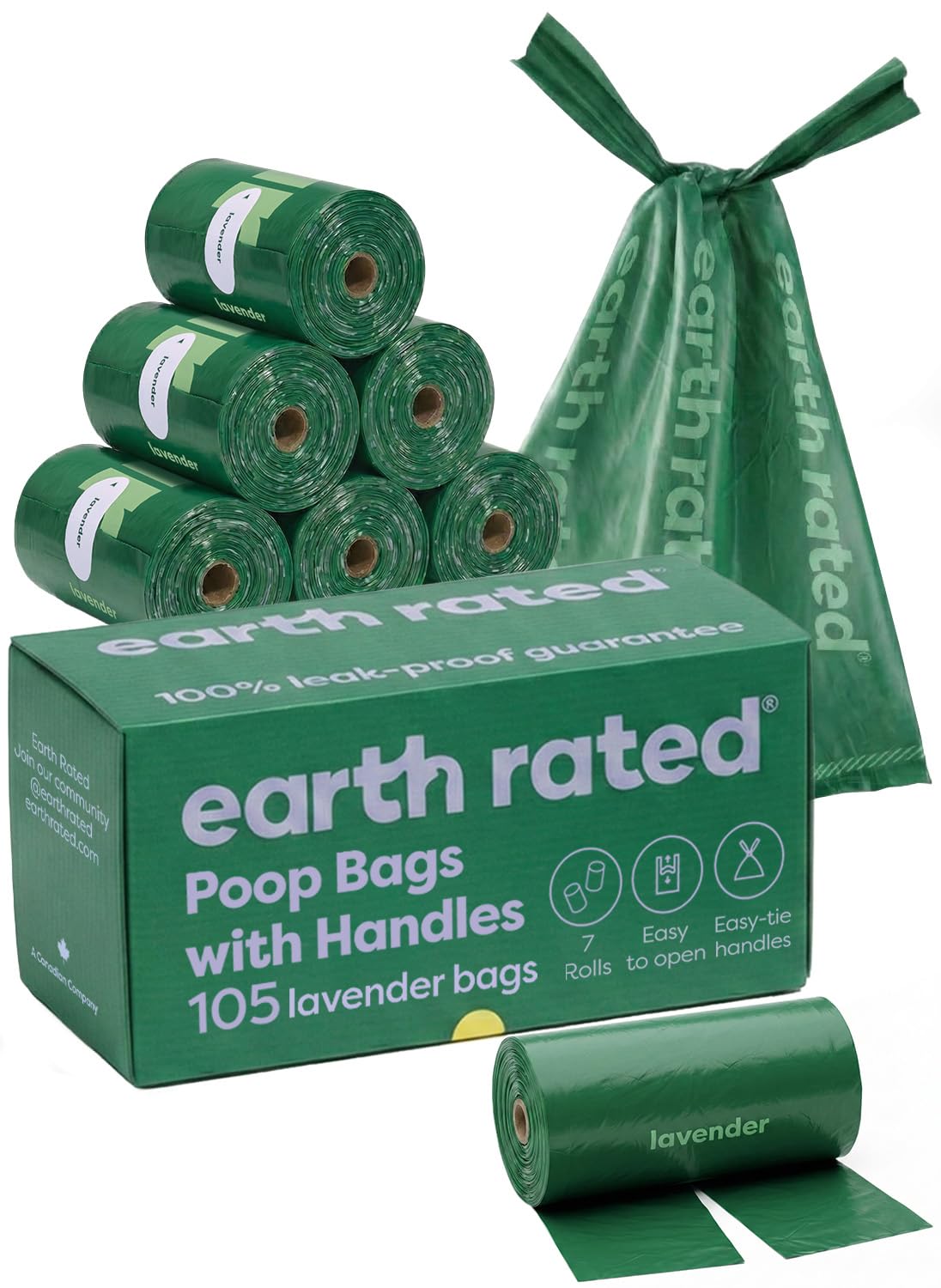 Earth Rated Dog Poop Bags with Handles on Refill Rolls, Easy-Tie on a Compact Roll, Extra Wide Opening, Guaranteed Leak-Proof, Lavender Scented, 105 on Rolls