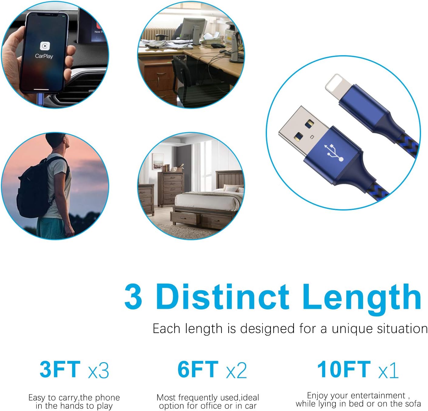 Creative Product Lightning Charging Cables, MFi Certified 6 Pack(3/3/3/6/6/10FT) iPhone Charger USB Data Cord High Speed Cable Compatible with iPhone 12 Mini 11 Pro Max XS XR X 8 7 6S 6 Plus SE 5S iPad AirPods Pro