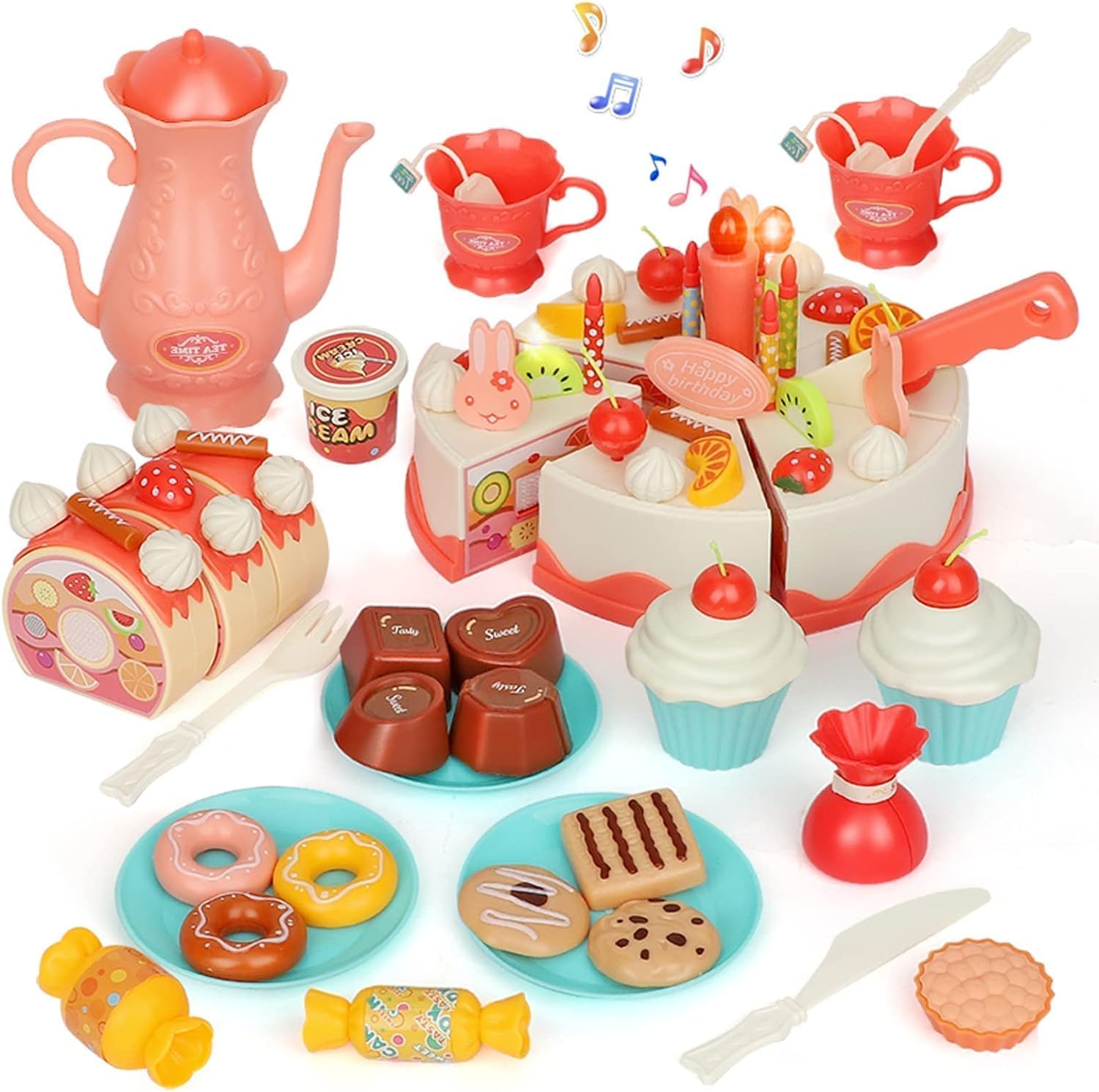 AM ANNA 83 Pcs Cakes Play Food Set,Play Food for Kids Kitchen,Toy Food Accessories,Toy Foods with Cookies,Trays,Tea Pot &Cup for Pretend Play for for 3 4 5 6 Year Old Toddler Boy Girl Birthday Gifts