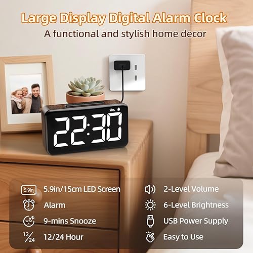 Miniatura 2 de NOKLEAD Reloj despertador digital grano de madera, pantalla LED grande de 5.9 pulgadas, fácil de usar para personas mayores y hombres, brillo