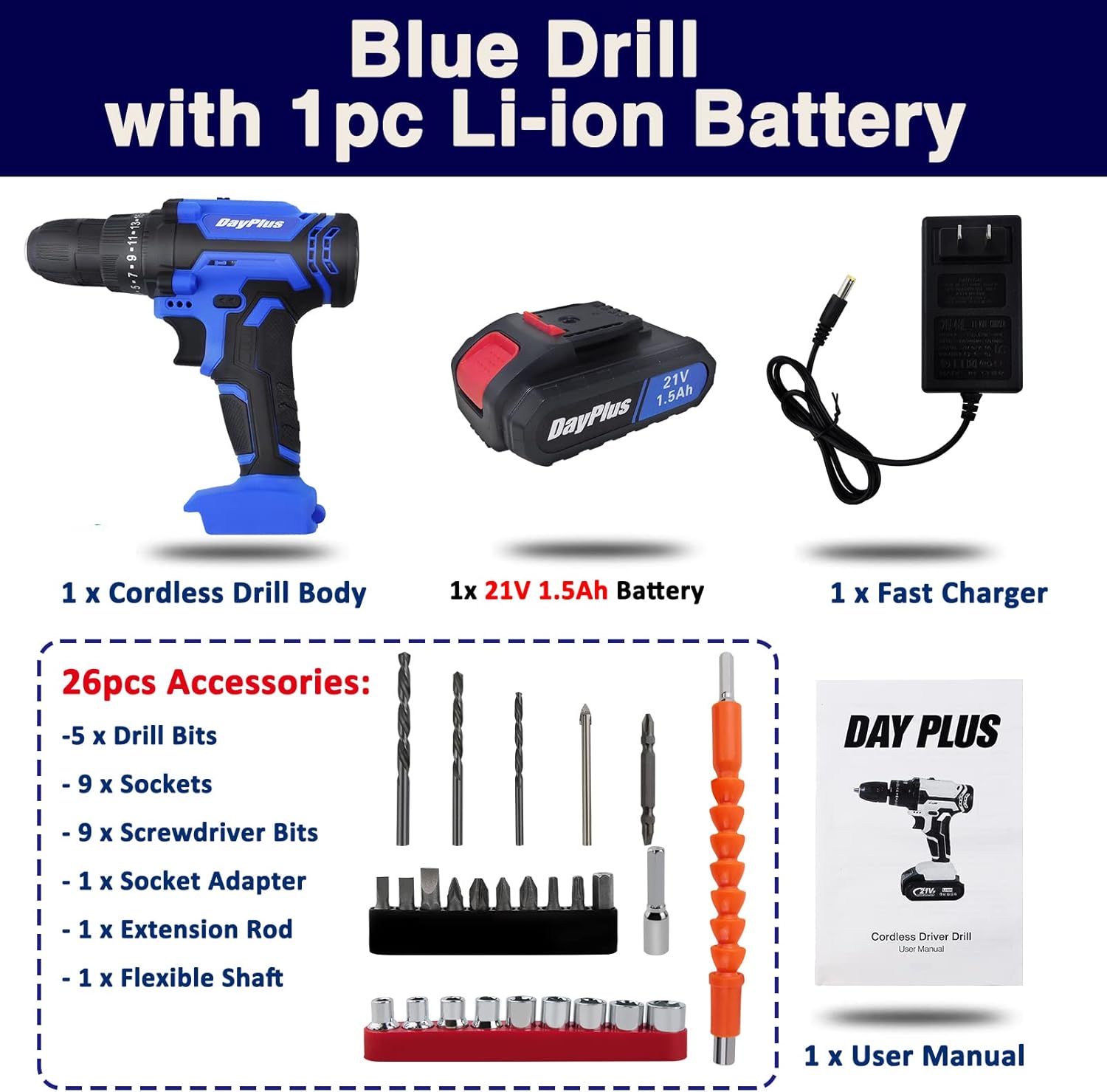 21V Max Cordless Drill/Driver Kit, Electric Power Drill Electric Screwdriver Cordless Set with 1 Battery & Charger, 3/8" Keyless Chuck, 2 Variable Speed, 25+1 Position and 26pcs Drill/Driver Bits