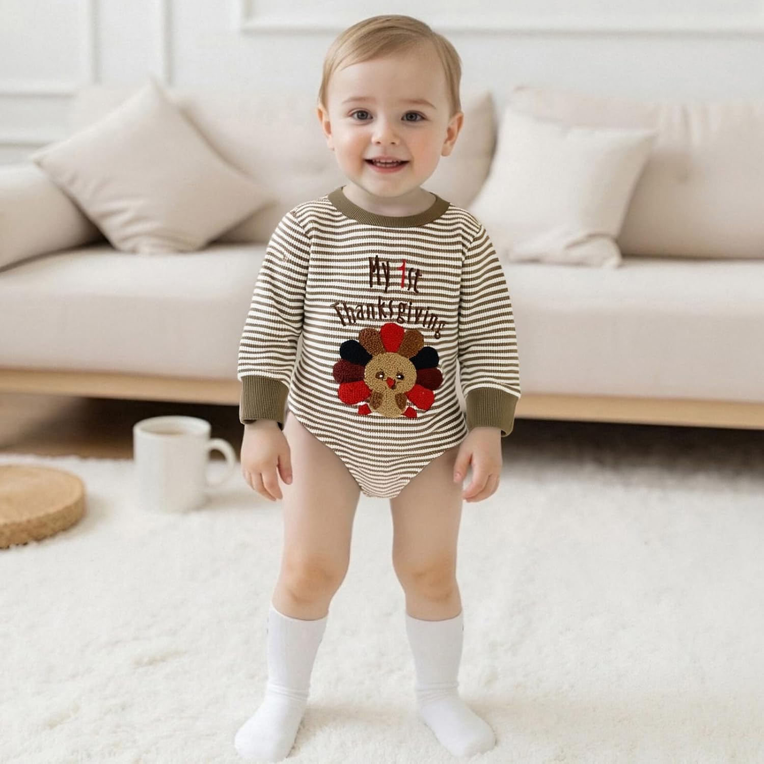 Giraropa My First Thanksgiving Baby Boy Outfit Smocked Bubble Romper Ruffle Jumpsuit Cute Newborn Infant Fall Winter Clothes - Image 4