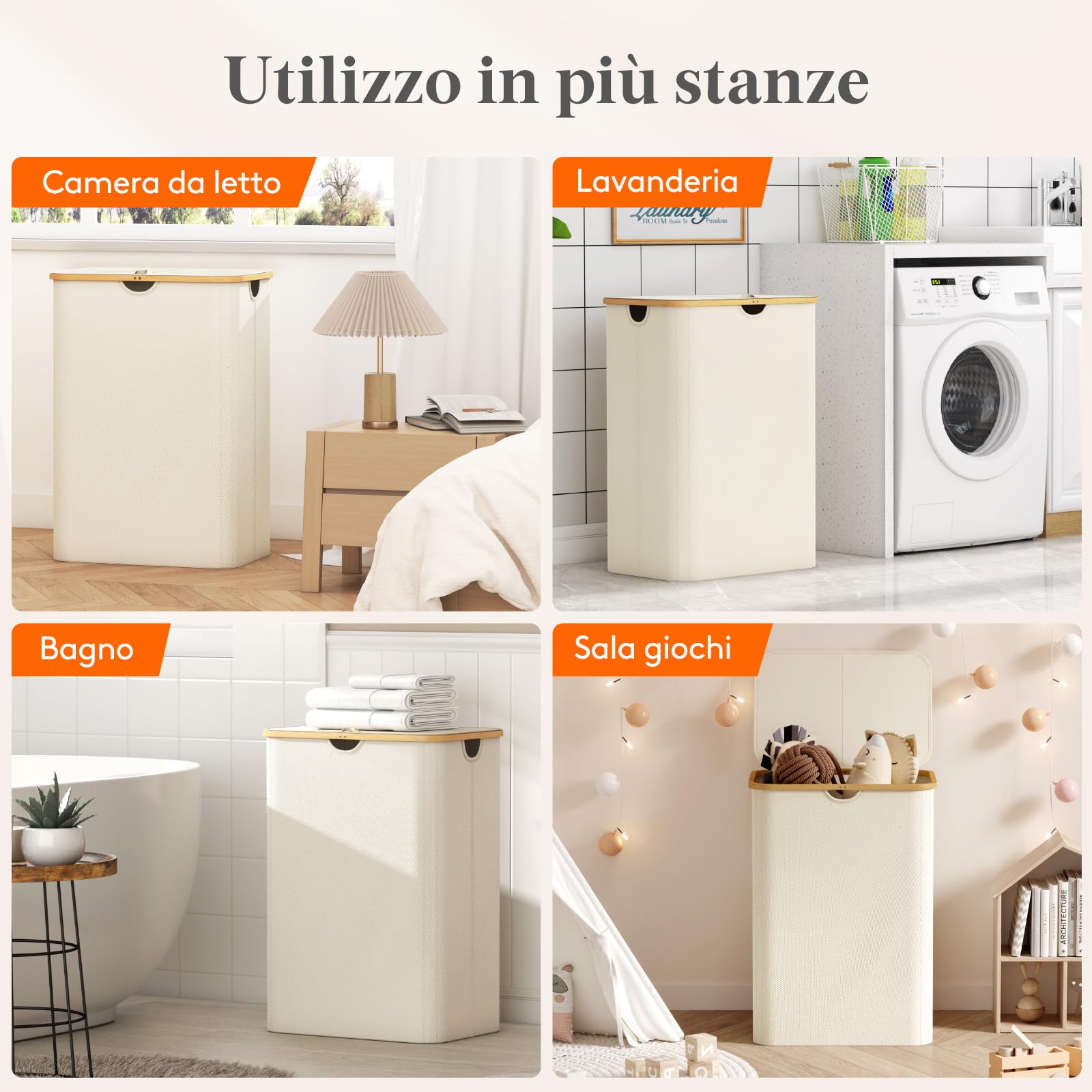 Lifewit 170L Cesto Portabiancheria con 3 Scomparti e 3 Sacchi, Grande Cesta Portabiancheria Pieghevole in Bambùcon Coperchio per Camera da Letto, Bagno, Lavanderia, Beige