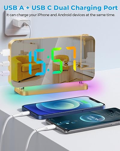 Miniatura 6 de SZELAM Reloj despertador de proyección, reloj digital con espejo LED de 7.4 pulgadas, pantalla grande, con proyector giratorio de 180, luz nocturna