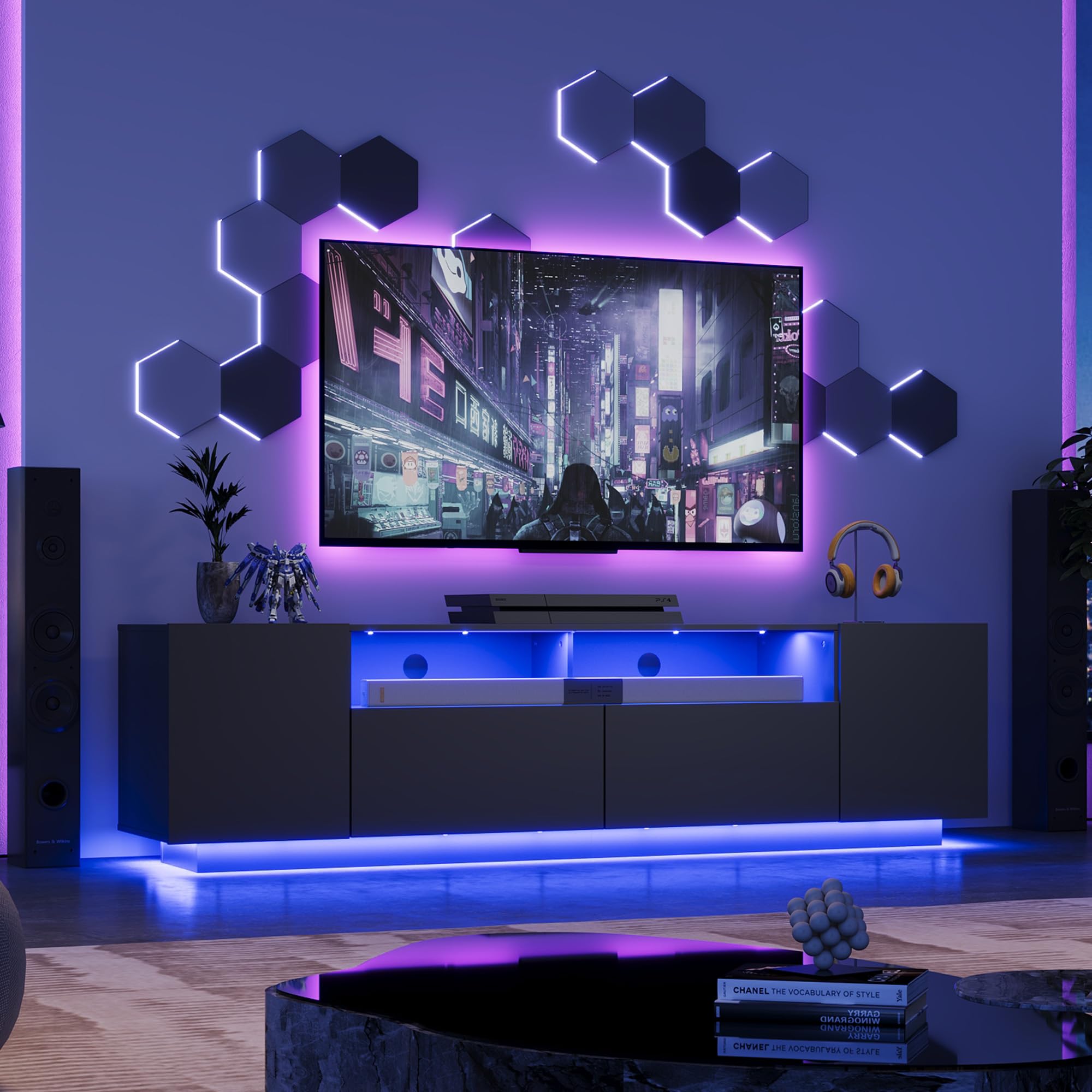 WLIVE TV Schrank Schwarz, Lowboard Hochglanz mit 20 Farben LED-Beleuchtung, TV Board mit Schränken und 2 Freiflächen, Fernsehtisch mit Klapptür, 170 x 36 x 45 cm, Schwarz