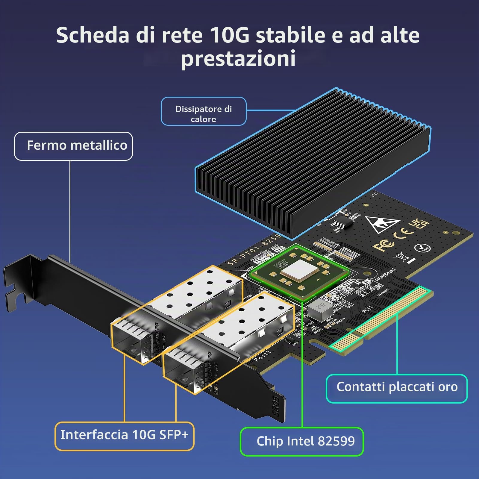 Scheda di Rete PCIe SFP+ 10Gb con Doppia Porta SFP+ 10 Gbps, Chip 82599(X520-DA2), Adattatore LAN Ethernet VIMIN 10G Supporta Windows 7/8/10/11/Linux/VMware, Compatibile con PCI Express X8 e X16
