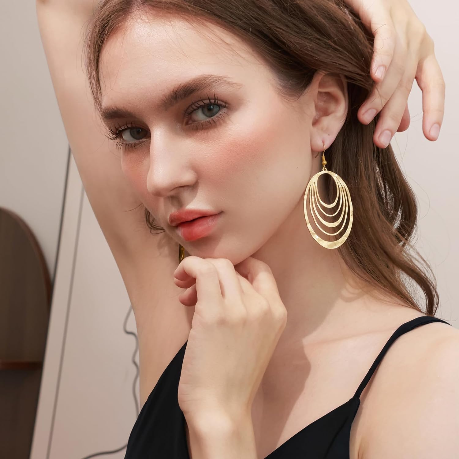 Large Gold Earrings, Big Earrings for Women, Long Dangling Bohemian Earrings, Gold Drop Earrings, Handmade Trendy Geometric Fish Hook Statement Earrings - Image 6