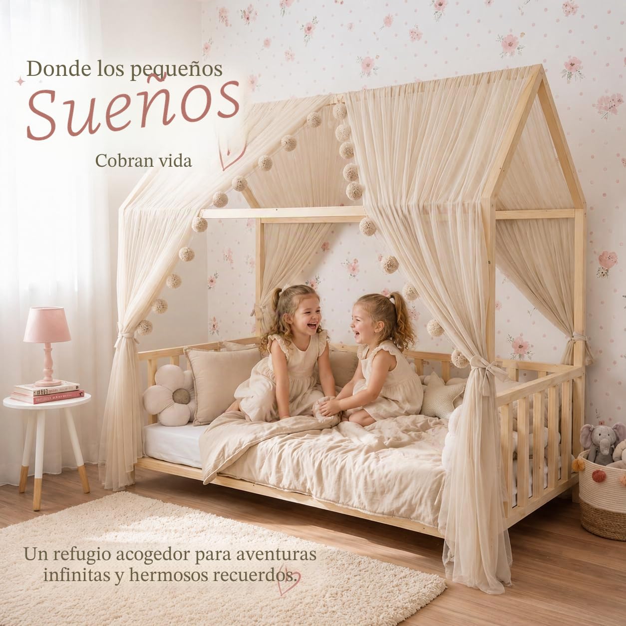 Baby Fancyroom Juego de Decoración para Cama de Casa, Dosel Beige con Guirnalda de Pompones de Tul Premium para Habitación Infantil (Cielo + 5 Mariposas Doradas)