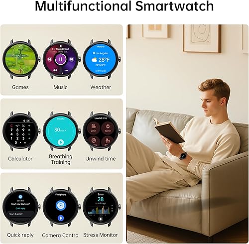 Vista 6 de Reloj inteligente para hombres y mujeres (respuesta/hacer llamadas), reloj inteligente con voz AI integrada, rastreador de fitness HD de 1.27 Negro