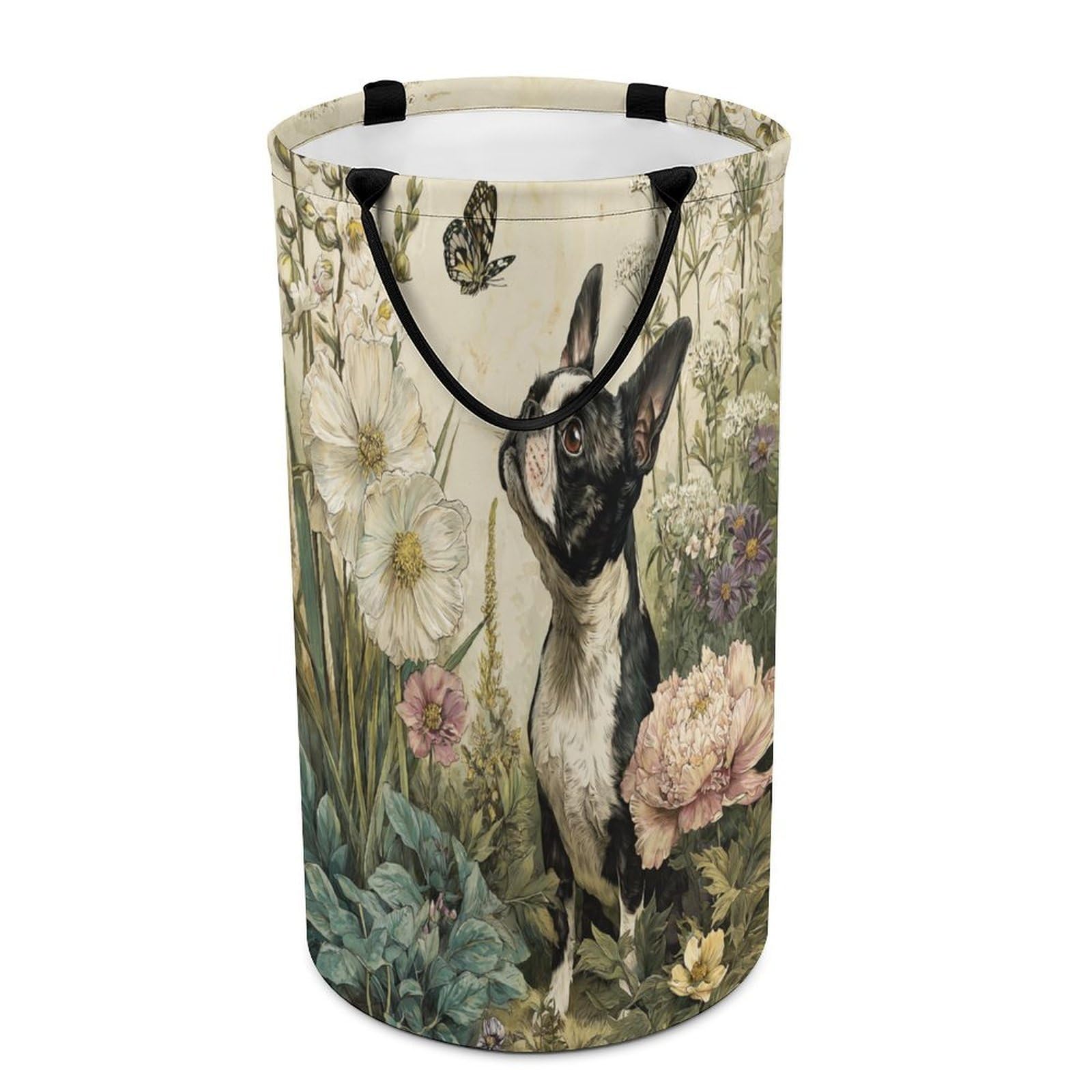 LUYYSKY Vintage Abstract Cute Puppies Collapsible Dirty Clothes Basket, Mid Century Realistic Spring Floral Animal Dog Butterflies Portable Clothes Storage Basket