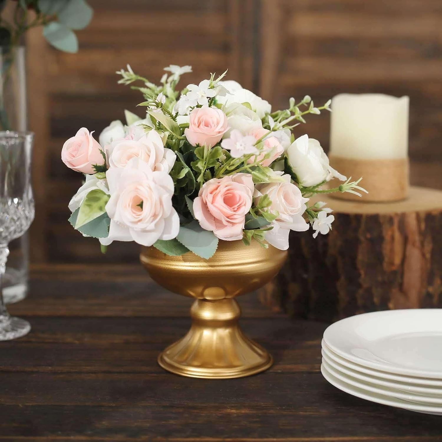 Efavormart 4 Pack Gold Metal Compote Pedestal Bowl Flower Vases in Vintage Floral Pattern, Decorative Vases Wedding Centerpieces - 10"