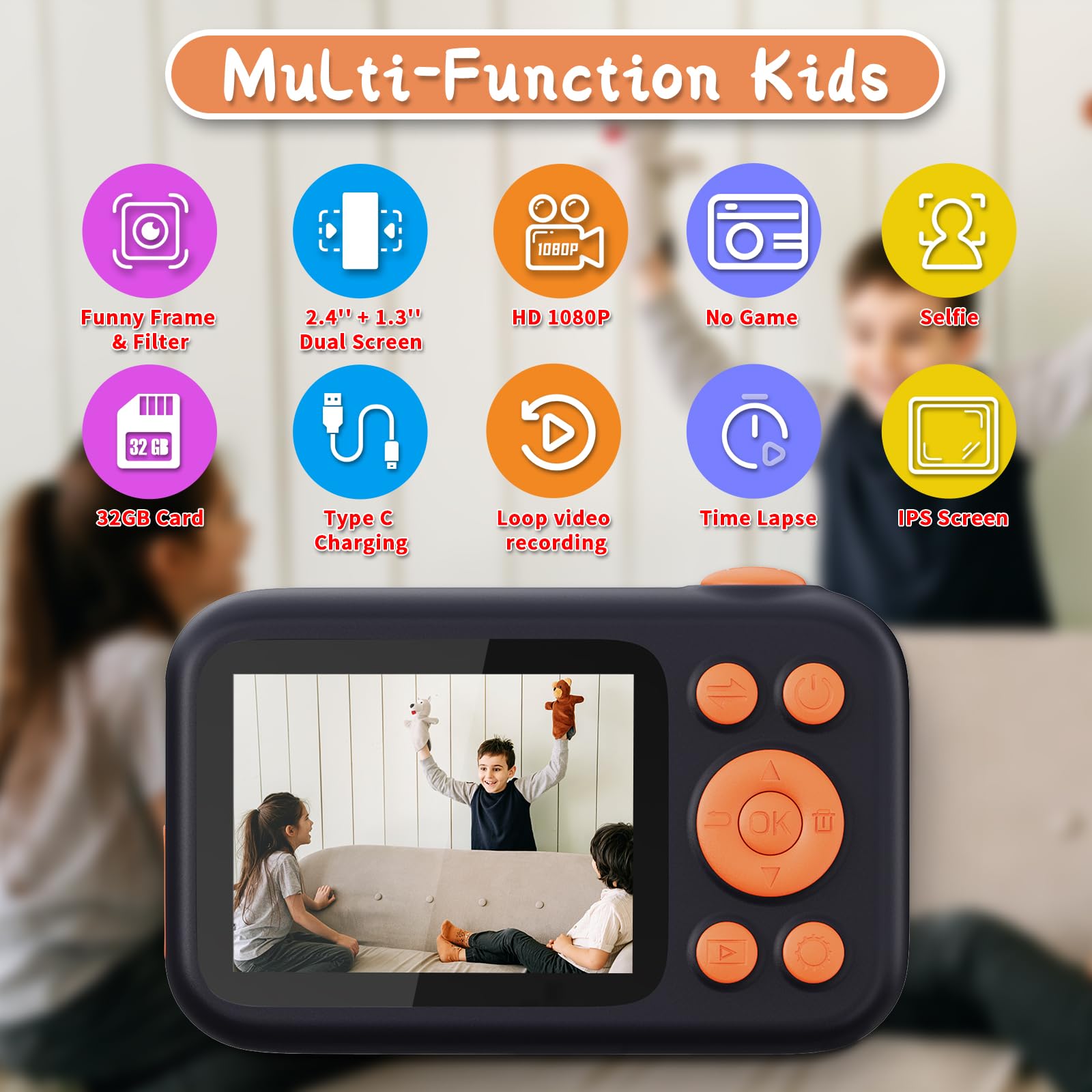 SJCAM macchina fotografica bambini,1080P 2.4'' 1.3'' doppio colore schermo LED Bambini fotocamera digitale Vedio Compleanno Regali di vacanza con 32G Card, adesivo per età 3-10 anni ragazze ragazzi