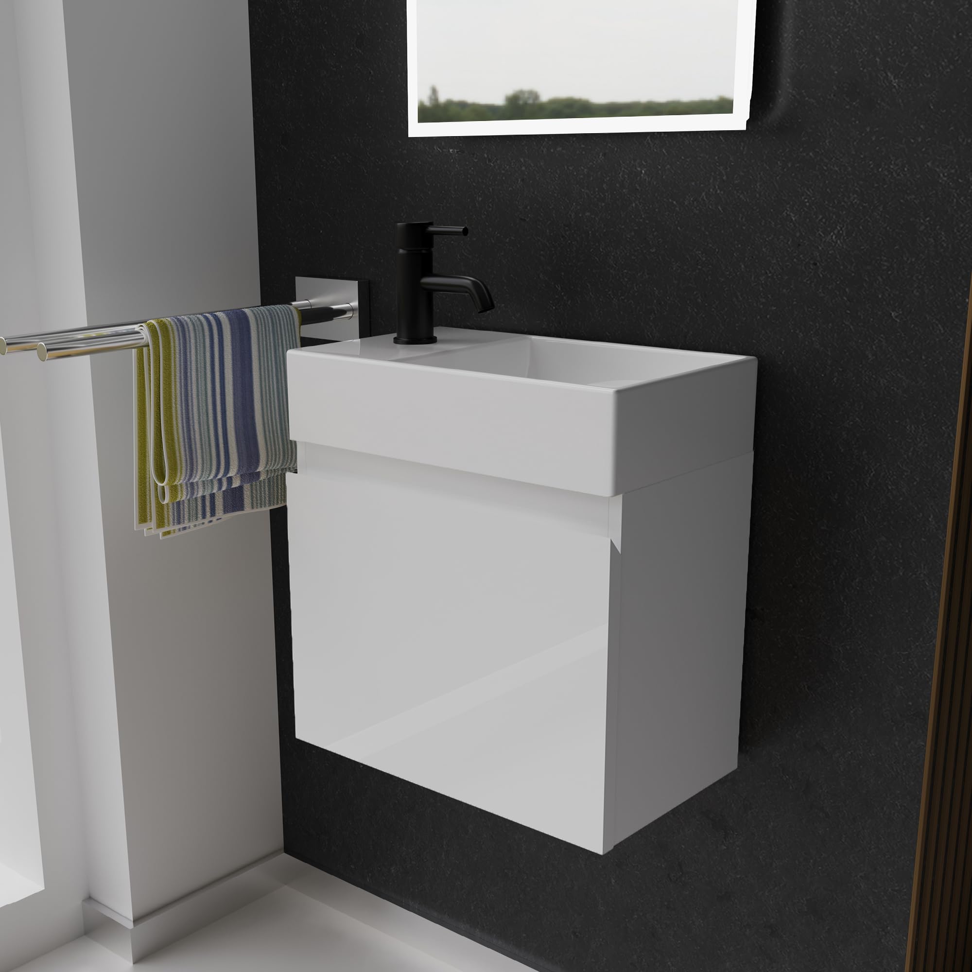 Alpenberger Gäste WC Waschbecken mit Unterschrank 45 cm Breit | Waschtisch Set Klein | Aufsatzwaschbecken Waschtischunterschrank Hängend | Möbel Bademöbel-Set | Waschbeckenunterschrank Weiß