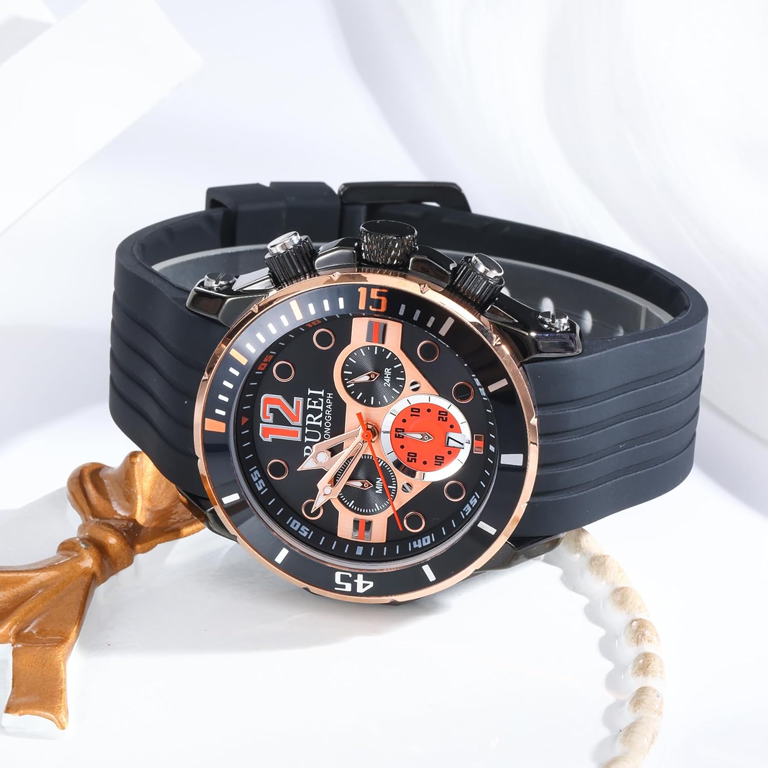 BUREI Men's Black Watch Chronograph Multi-Function Watches Silicone Strap Fashion Waterproof Casual Men's Watch Analog Quartz Watch with Calendar - Image 4