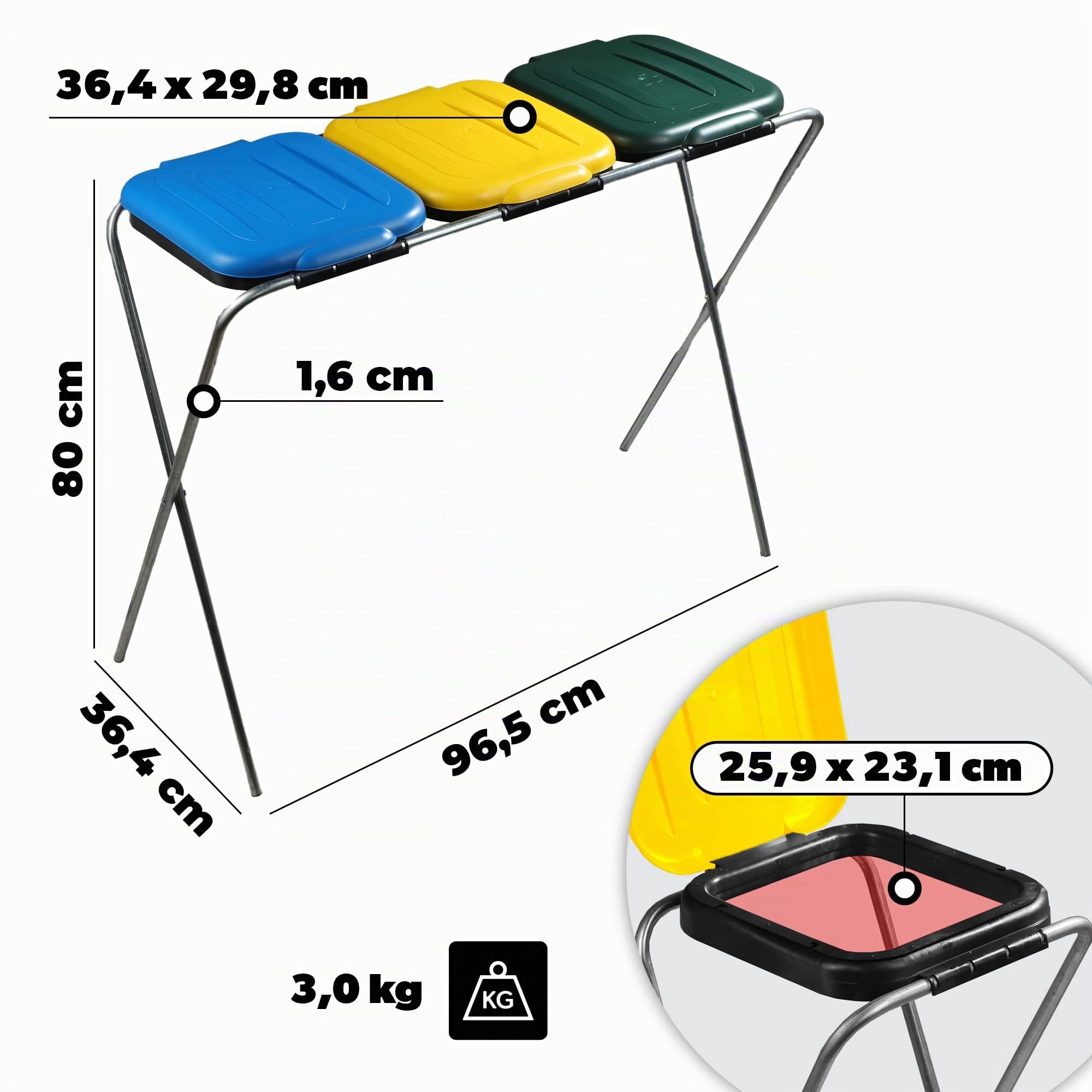 KADAX Porte-sacs poubelles triple, support pour sacs poubelles, support pour tri des déchets avec couvercle en plastique, support pour sacs poubelles pour sacs de 120 L (Vert-Jaune-Bleu)