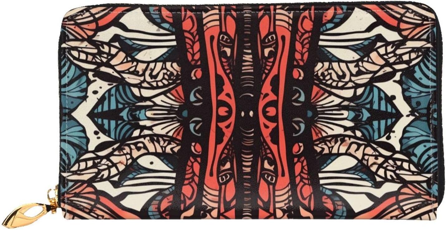 Retro Tribal Drawing Pattern Zip Around Long Wallet Pu Leather Travel Card Holder Purse Clutch Bag For Women Men
