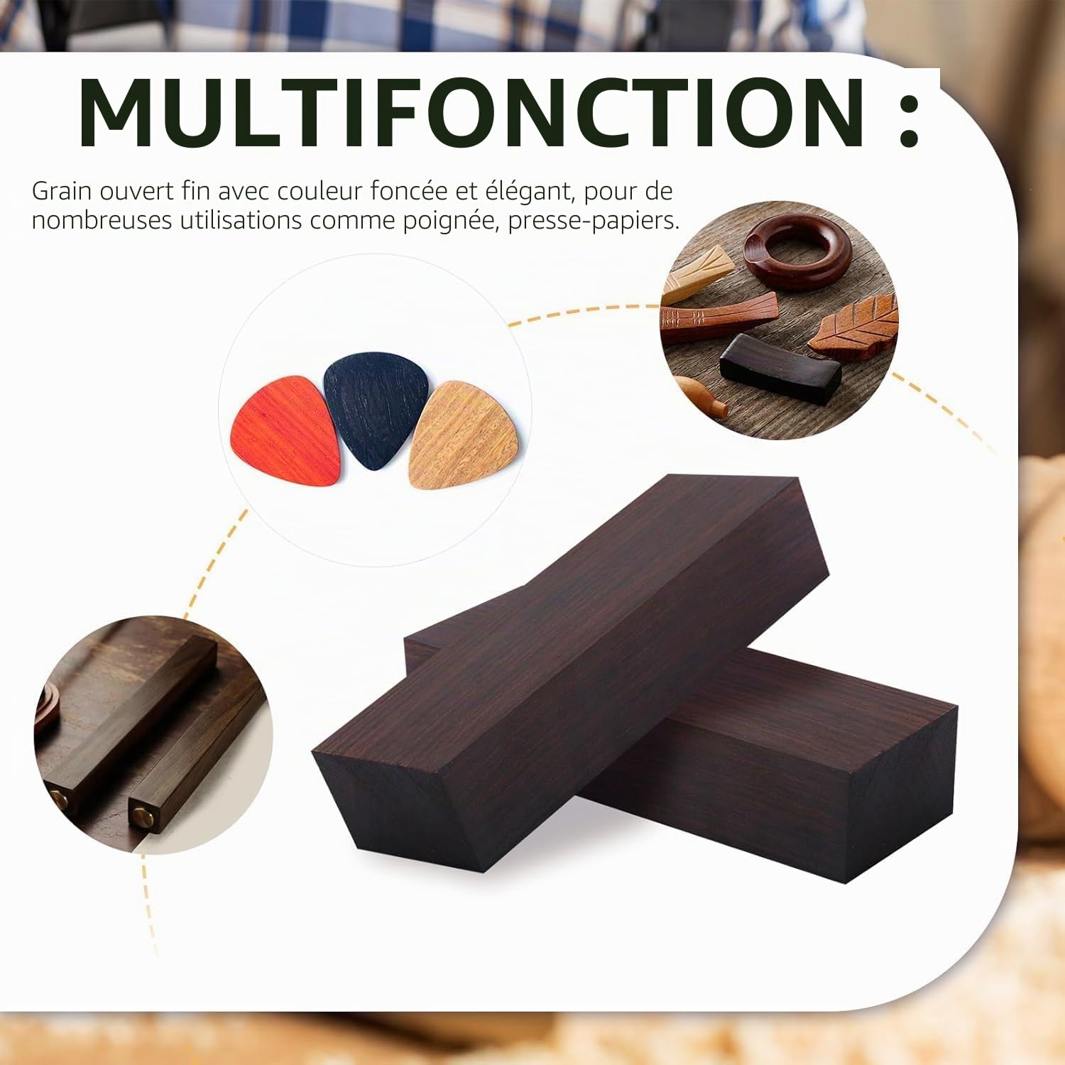 2 blocs de bois d'ébène à faire soi-même, matériau de bricolagnoir vierge poignées en ébène 12 x 4 x 2,5 cm, bois d'ébène vierge pour la fabrication d'accessoires d'instruments de musique en ébène