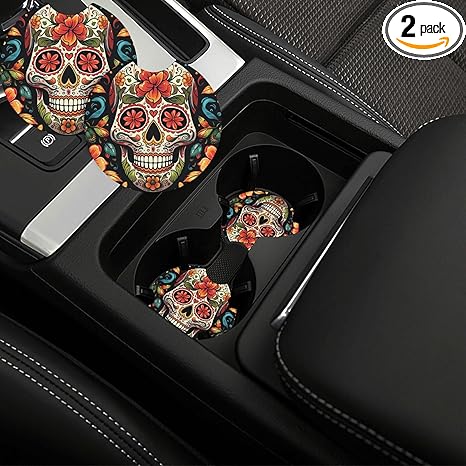 Car Cup Holder Coasters 2 Pack Non-Slip Insert Car Coaster with A Finger Notch Round Car Drink Coaster Colorful Sugar Skull Car Cup Mat Pad Cute Car Interior Assecories for Most Car