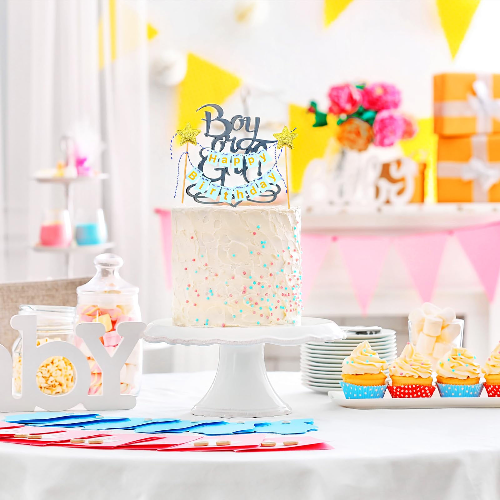 6 Sets Happy Birthday Tortendeko Kuchenaufsatz, Happy Birthday Cake Topper Cupcake Topper Girlande Geburtstag Wimpelkette Banner Kuchenaufsätze Goldene Sternflagge für Jungen und Mädchen