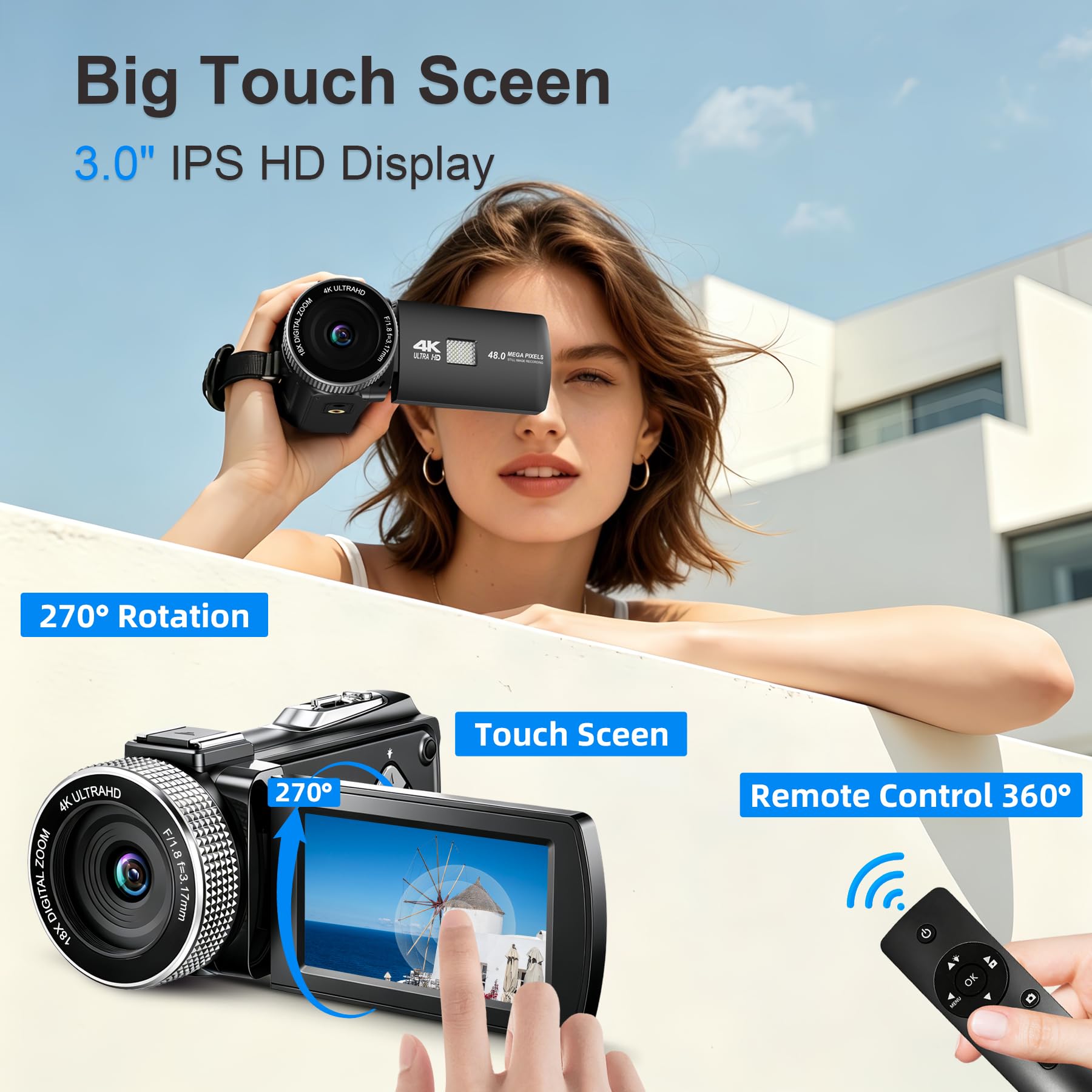 Videocamera digitale 4K, 2026 aggiornata con telecomando e touch screen e messa a fuoco automatica, videocamera digitale per vlogging su Youtube, 48 MP foto 4K 60 FPS, con telecomando/batteria
