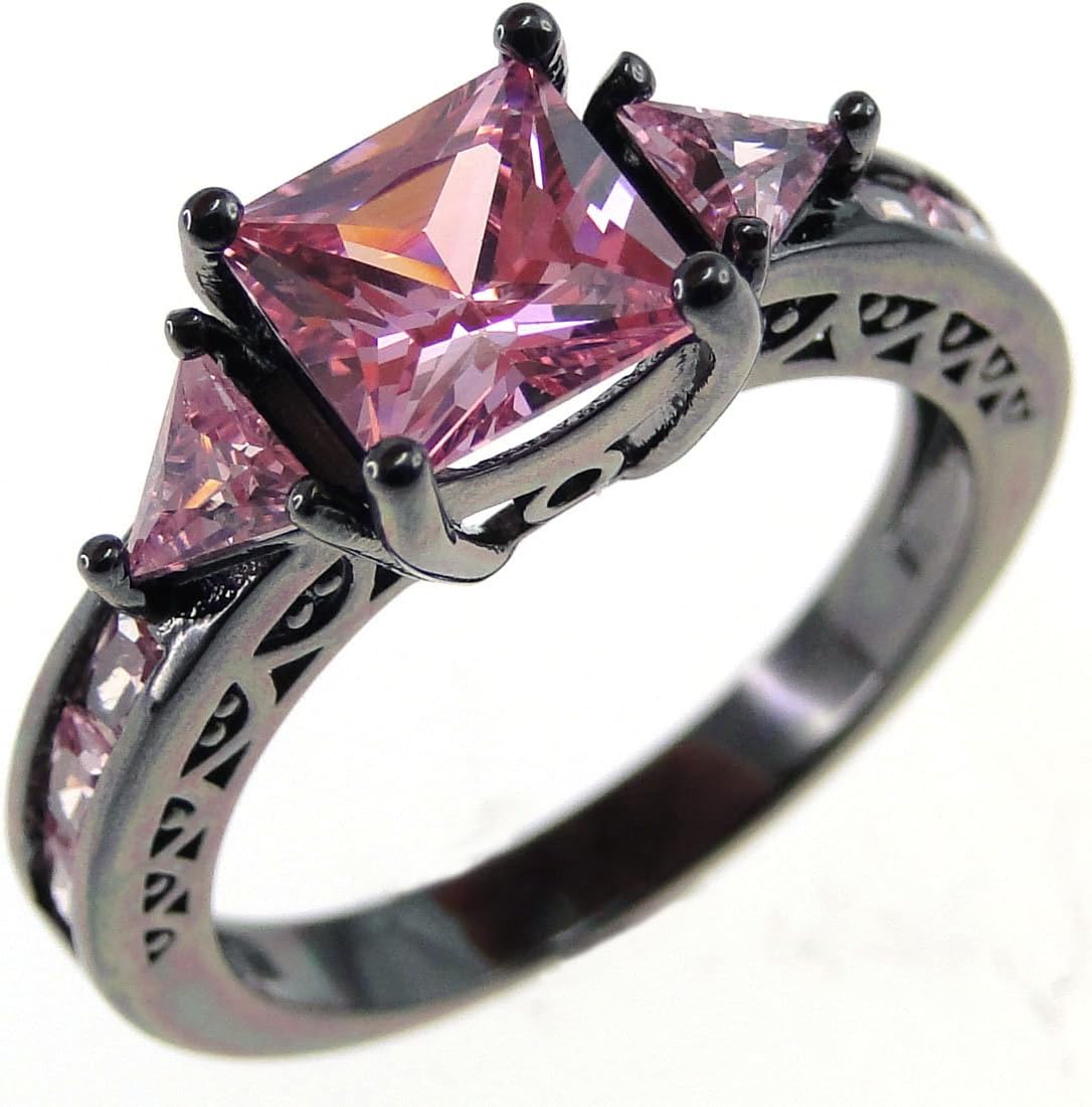 Pink Topaz Ring Black Gold Jewelry Nickel Free Plated Women Engagement Bands Wedding Ring Size 5-11
