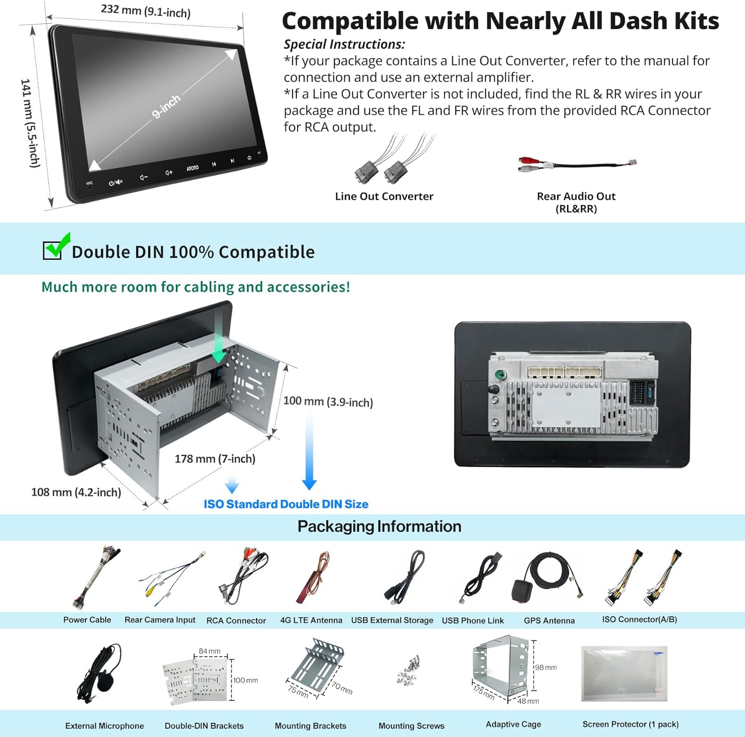 Diagram showing Virtual Surround View (VSV) and Live Rear View (LRV) features on the ATOTO S8MS, with an optional HD camera.