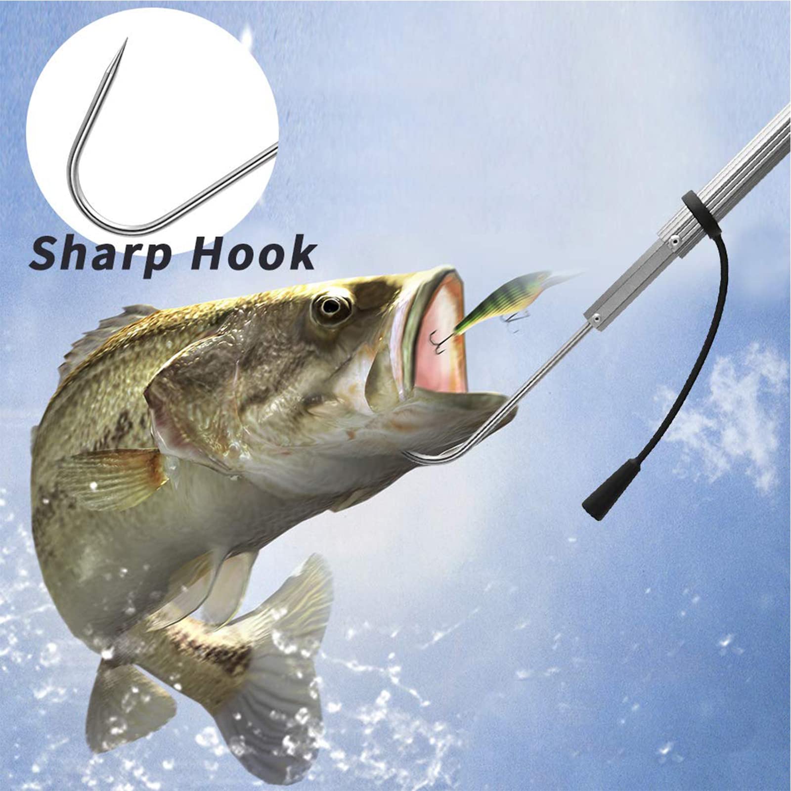 Varilla de fibra vidrio telescópica con agarre EVA gancho acero y tornillo M8 flota cuando está extendida adecuada para pesca agua dulce salada