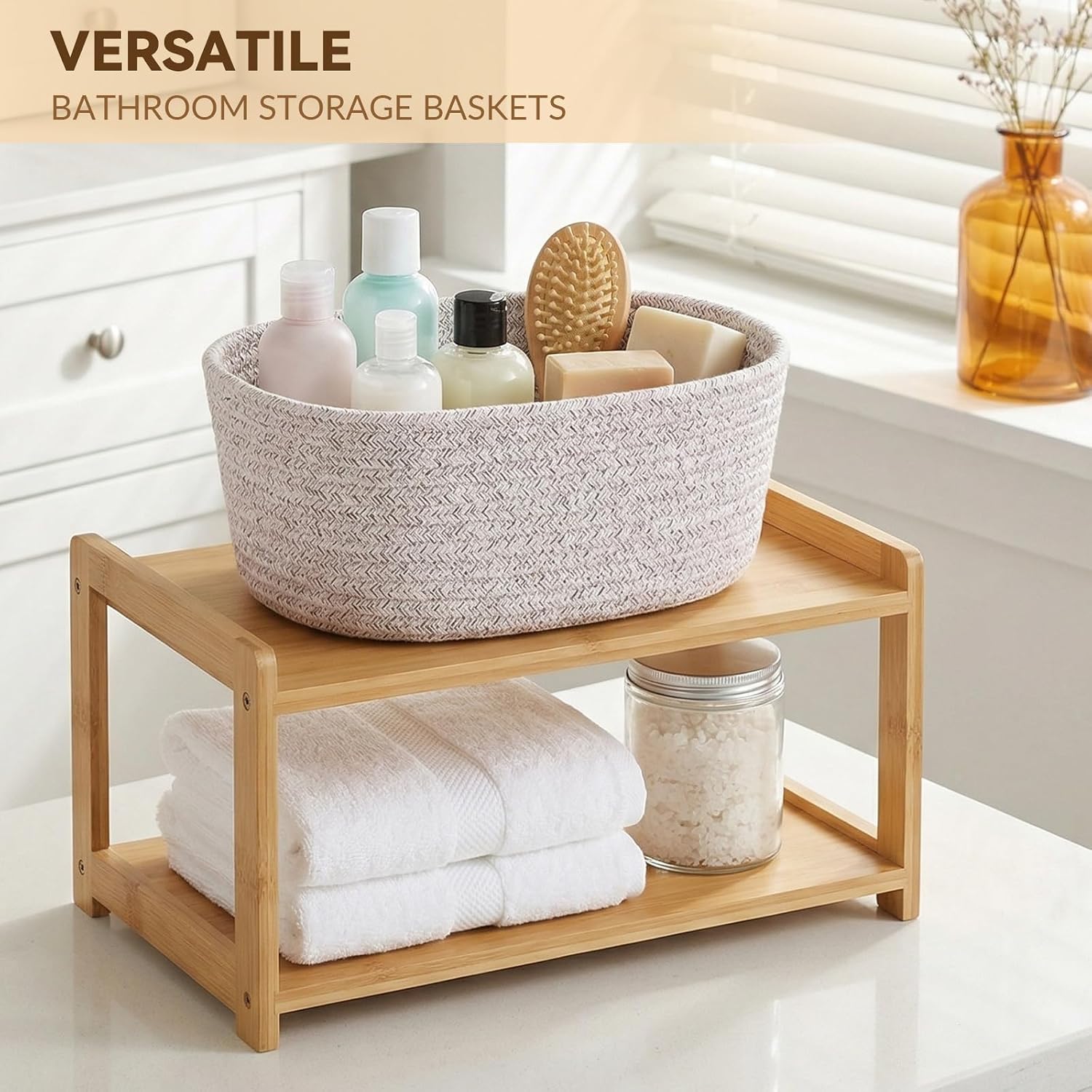 10 Pack Khaki Small Woven Baskets for Organizing, 12"x8"x5" Cotton Rope Storage Bins with Handle, Empty Gift Basket Kit for Baby Shower, Nursery, Shelf, Bathroom & Closet Organizing image 5