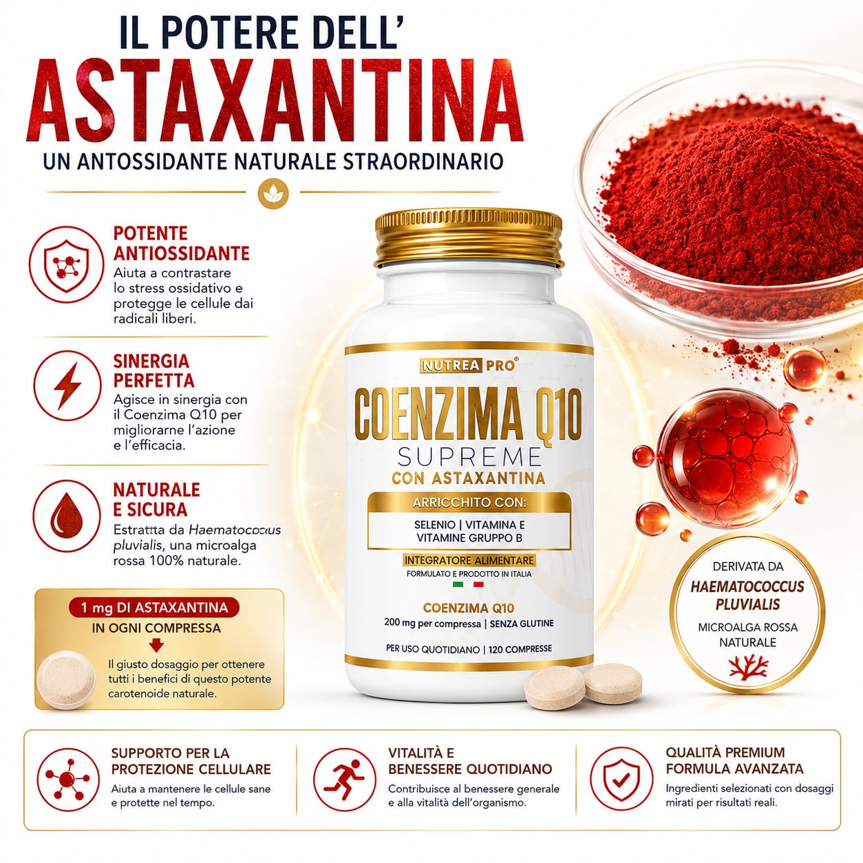 Coenzima Q10 200mg con Astaxantina 1mg |Coenzima Q10 migliore stabilità del normale q10 ubichinolo| Q10 Coenzima complex formulata con coq10 Astaxantina Vitamina E B12 B6 B2| NUTREAPRO®