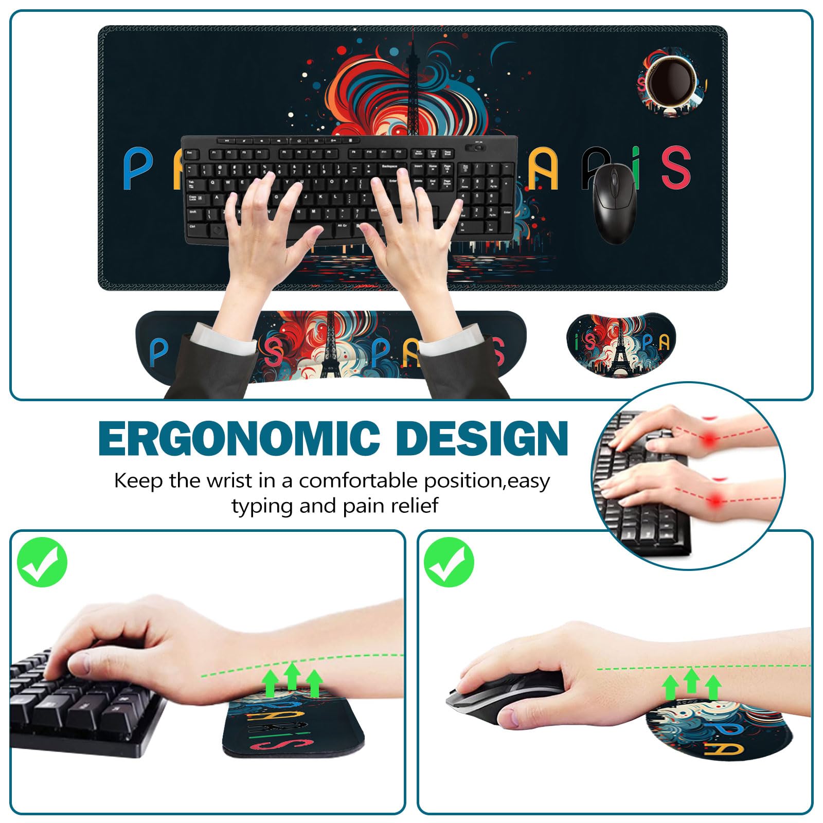 ToLuLu Tappetino per mouse da gioco esteso, in memory foam, ergonomico, con poggiapolsi, grande tappetino da scrivania con bordi cuciti, base antiscivolo, per casa, ufficio e gioco, Torre Eiffel