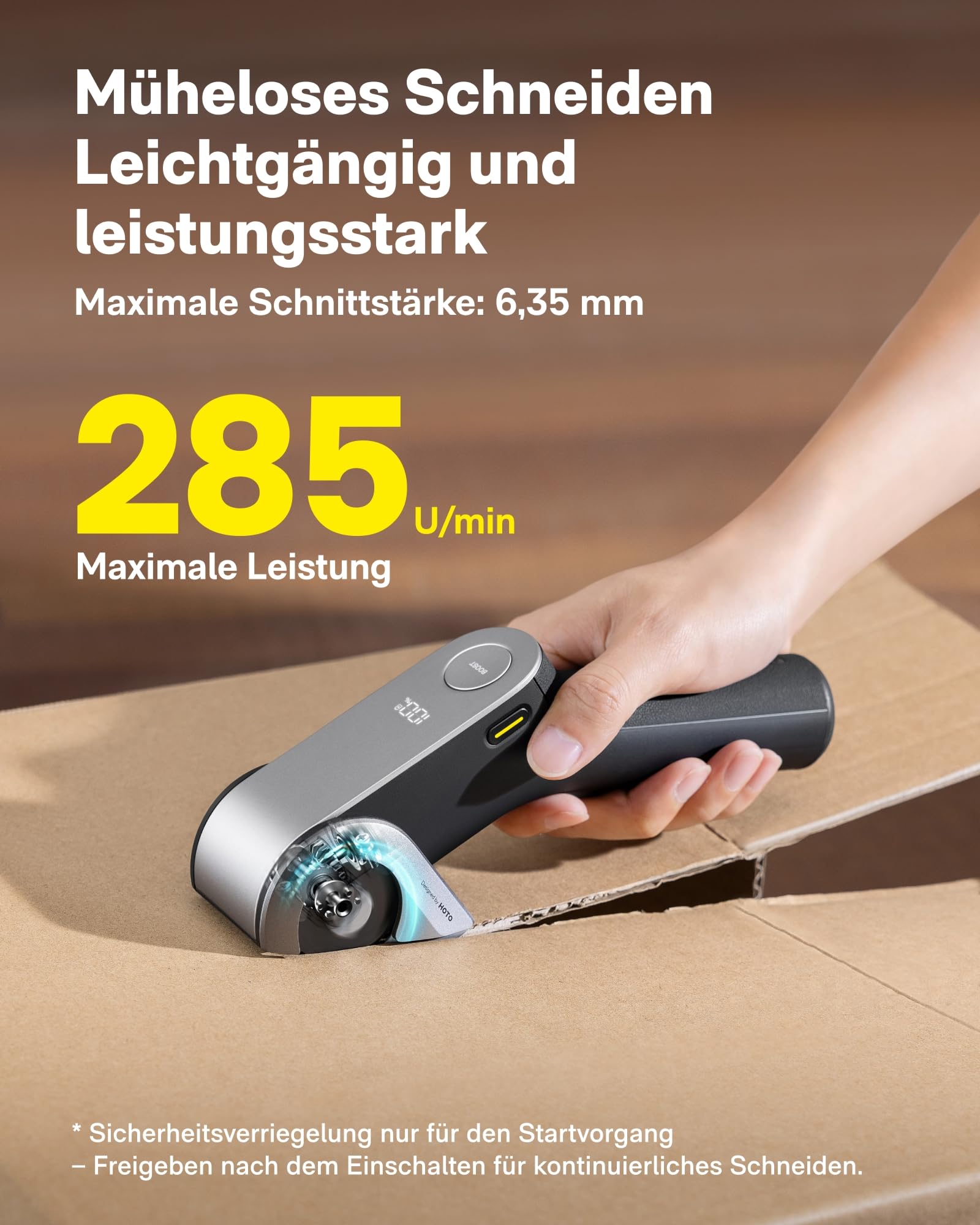 HOTO Kartonschneider Elektrisch mit Titanklinge & LED-Display, Selbstschleifend & Sicherheitsverriegelung Elektrischer Kartonschneider, EdgeFlow-Elektrische Schere für Karton, Teppich, Leder, Stoffe