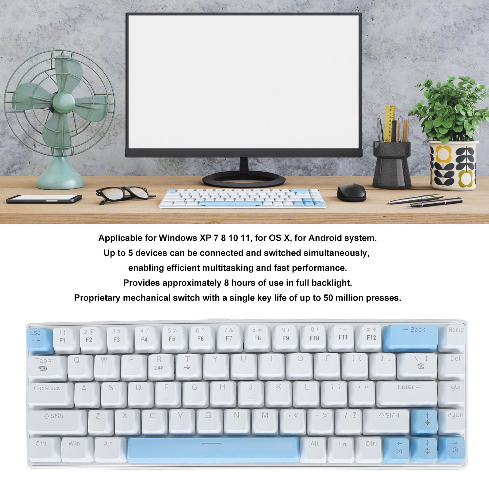 KIMISS Alta Compatibilidad 61 Teclas Mecánicas Interruptores Azul Interruptores BT5.0 USB C RGB Teclado de Juego de Retroiluminación para Teléfonos Inteligentes Capatales de Juegos de Alto (#1)