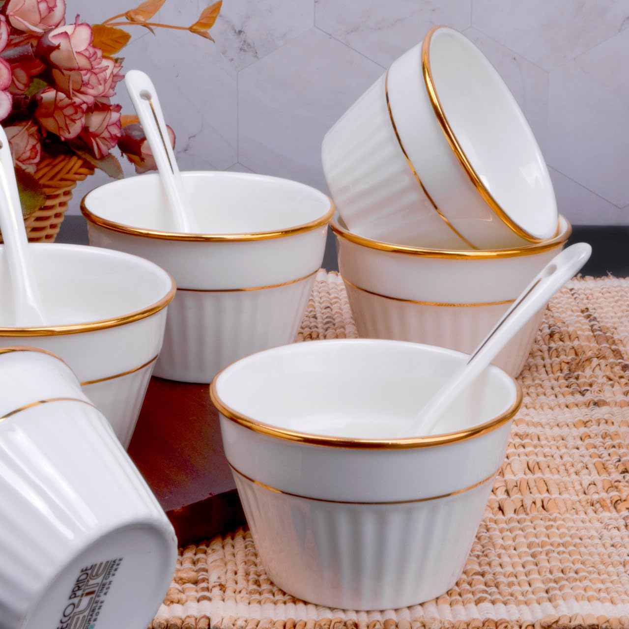 Ceramic ICE Cream Serving Set, 6 Bowls and Spoons Set