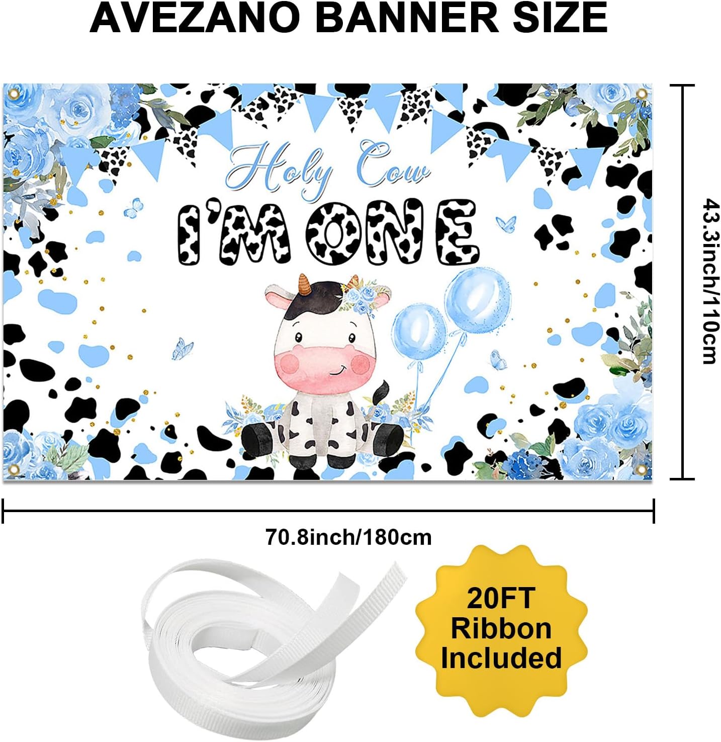 Avezano Holy Cow I'm One Birthday Backdrop for Boys Blue Flower Farm 1st Birthday Party Decorations Holy Cow I'm One Banner for Boy's First Bday 70.8 x 43.3 Inch