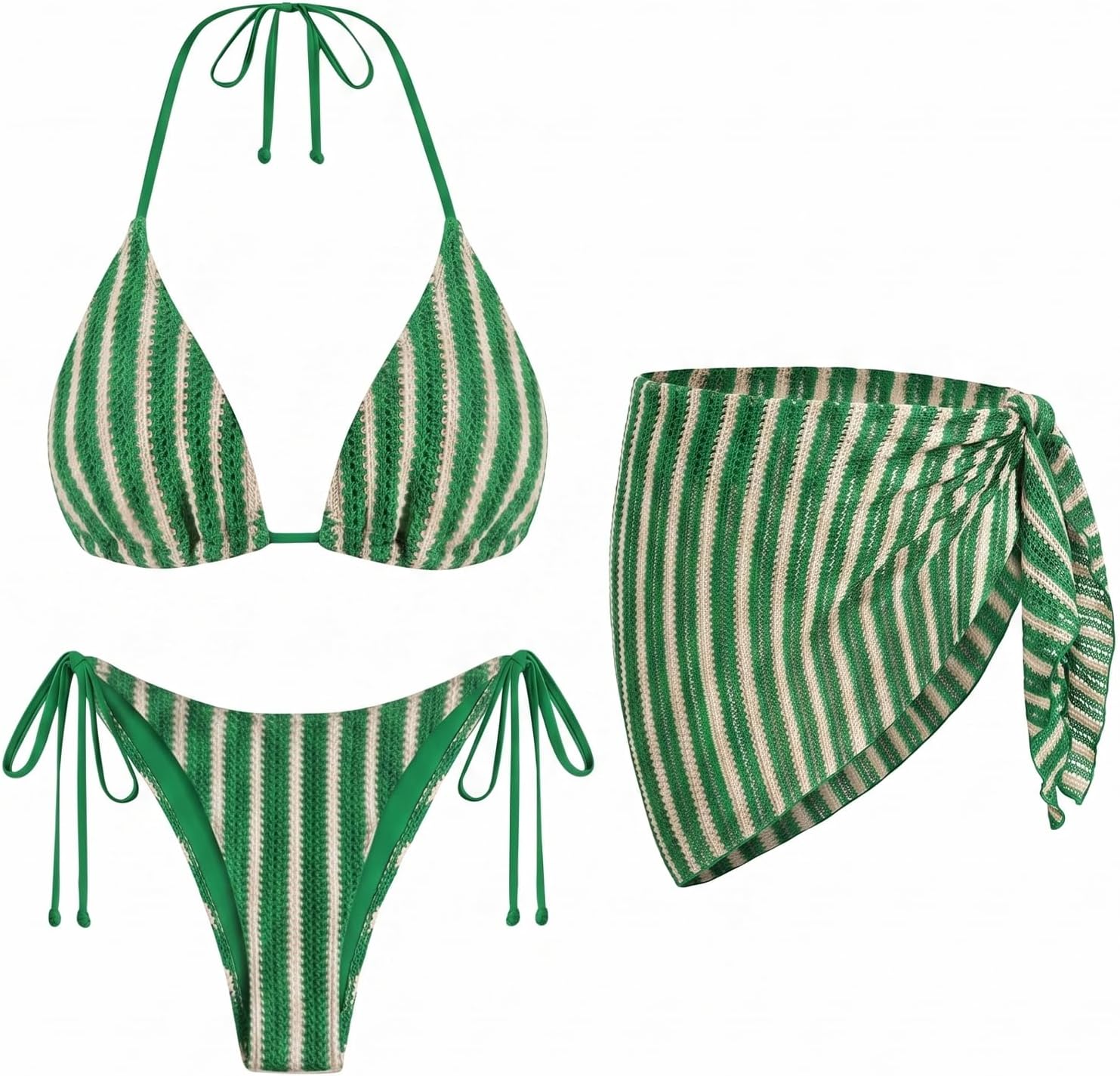 Women's 3 Piece Sexy Triangle Crochet Bikini Set - Halter Tie Side Swimsuit with Cover Up for Beach Vacation 2026