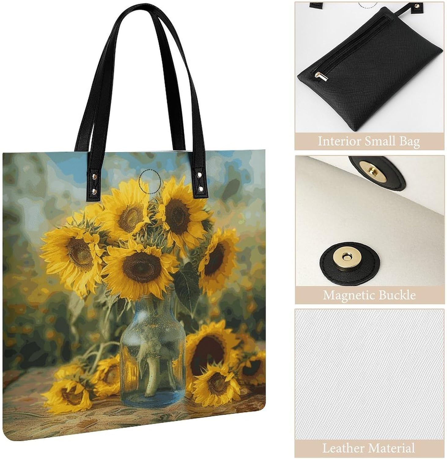 Bottle of Sunflowers Handbags Large Capacity, Tote Bag Stylish Slouchy, Shoulder Bags for Work Beach Travel And Shopping Grocery.