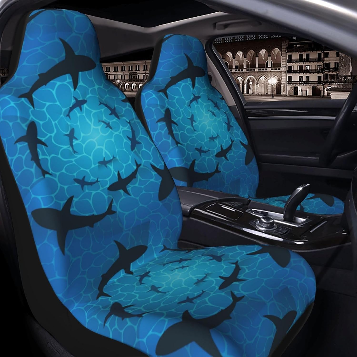 Sharks in Ocean Isolated Sharks Circling Around Car Seat Cover Front Seat Protector Covers with Rear Storage Pockets Automobile Interior Decor Accessories for Vehicle Sedan SUVs Truck - 1 Pack